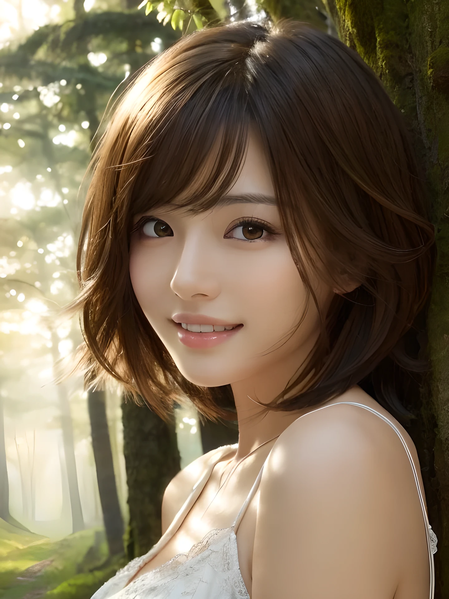 masterpiece, highest quality, High resolution, wallpaper, realistic, (bright lighting:1.4), professional lighting, face light, smooth lighting, japanese girl, close-up of face, cute, happy, smile, shy, Beautiful girl, gravure, sexy, super beautiful, beautiful skin, beautiful and detailed eyes、detailed face、slim、moderately, short hair, brunette colored hair, hair blown by the wind, brown eyes, The morning sunlight shines through the misty forest path.
