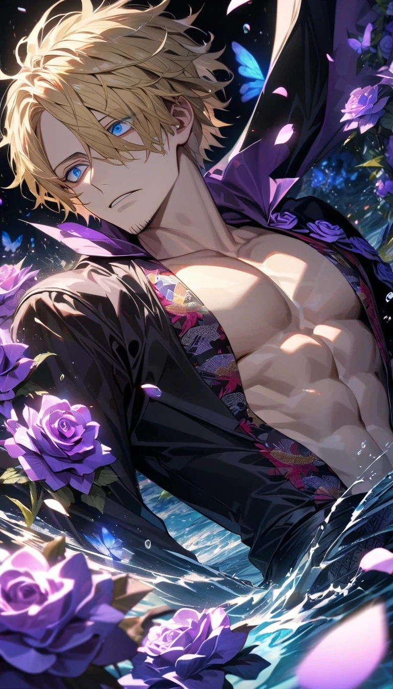 Ultra detailed, HDR, Highres, absurdres, master piece, Sanji, blond hair, expressive blue eyes, black cape with patterns, One Piece, purple glittering butterflies, purple ice, petals, purple ice roses, sexy man, solo, extremely detailed face and eyes, handsome, glittering, water, white tight shirt, toned chest,