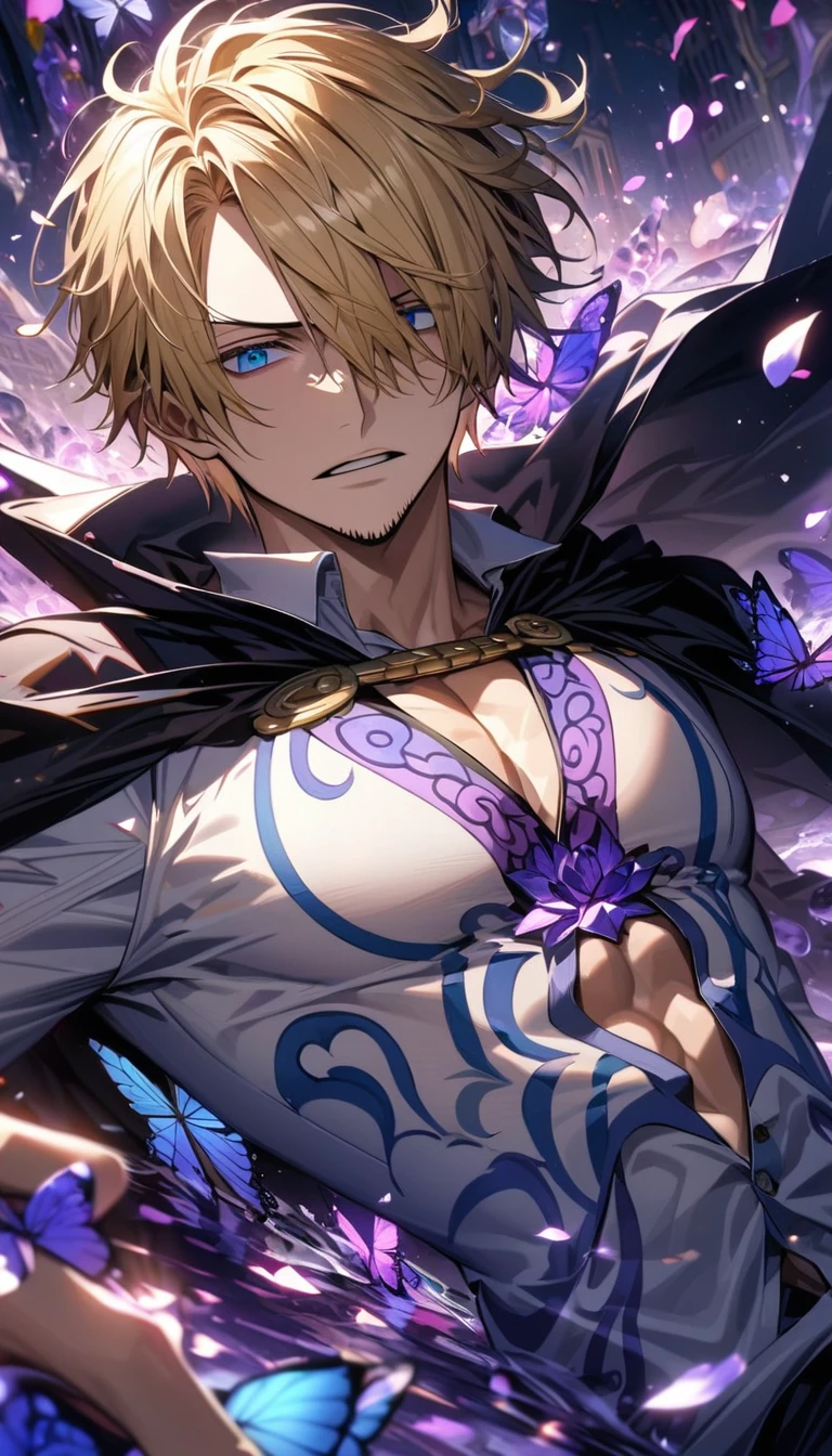 Ultra detailed, HDR, Highres, absurdres, master piece, Sanji, blond hair, expressive blue eyes, black cape with patterns, One Piece, purple glittering butterflies, purple ice, petals, purple ice roses, sexy man, solo, extremely detailed face and eyes, handsome, glittering, water, white tight shirt, toned chest,