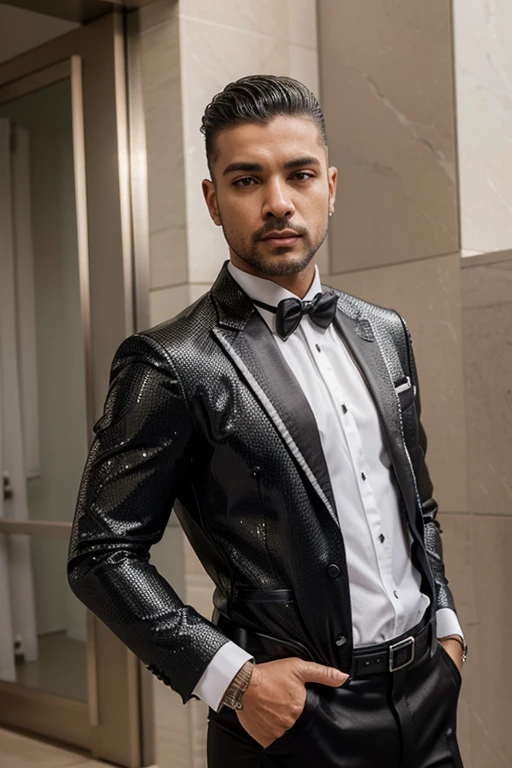 Homen latino bonito glamour moderno moda fashion brilho pedrarias strass atletico roupa preta couro metalico sexy