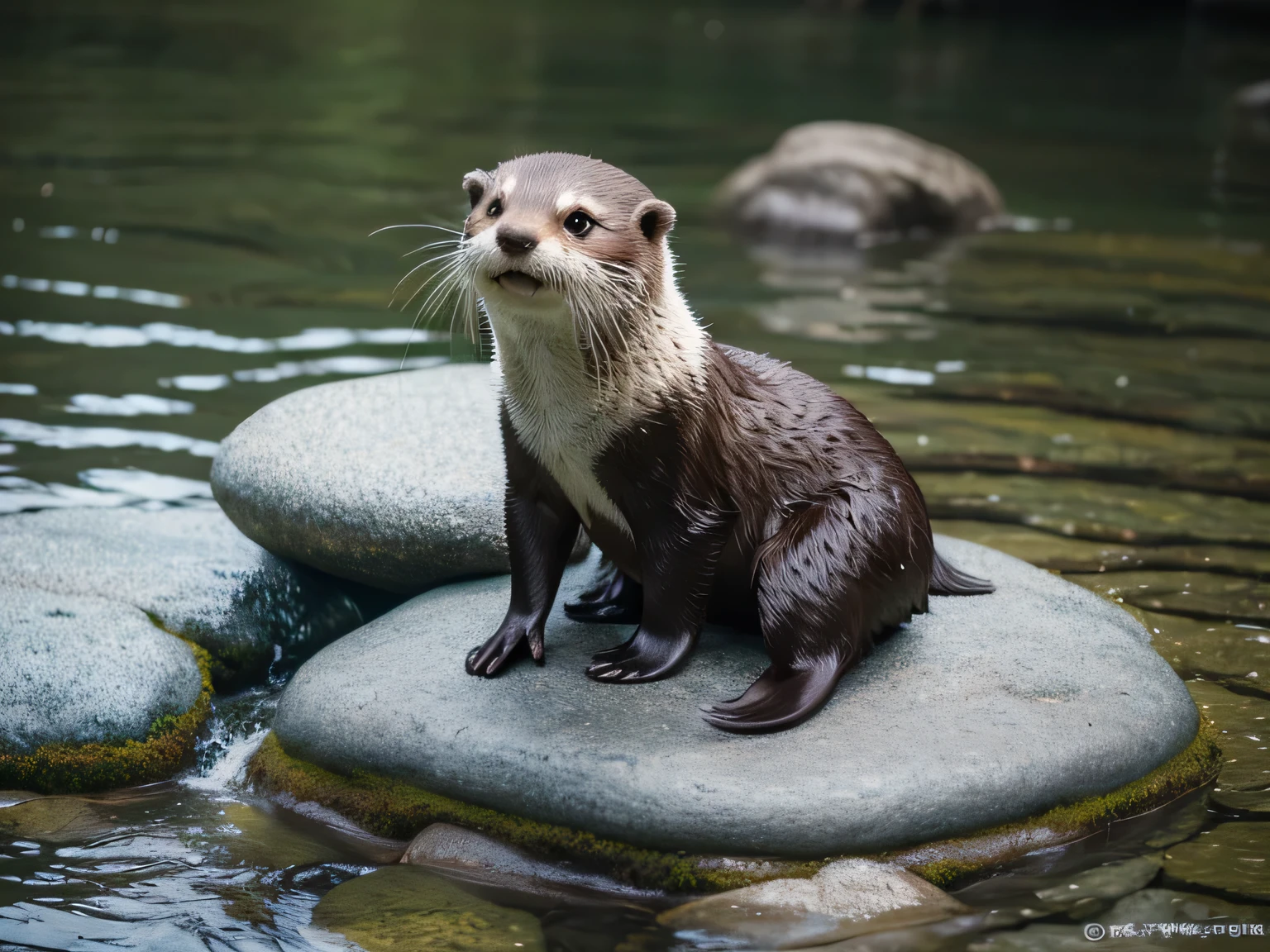A water otter，there is a small otter that is sitting on a rock, cute otter, otter, anthropomorphic furry otter, river otter dragon, Proud looking, anthropomorphic otter in costume, Proud look, Proud looking away, victorious expression, fantasy otter love, Naughty look, 