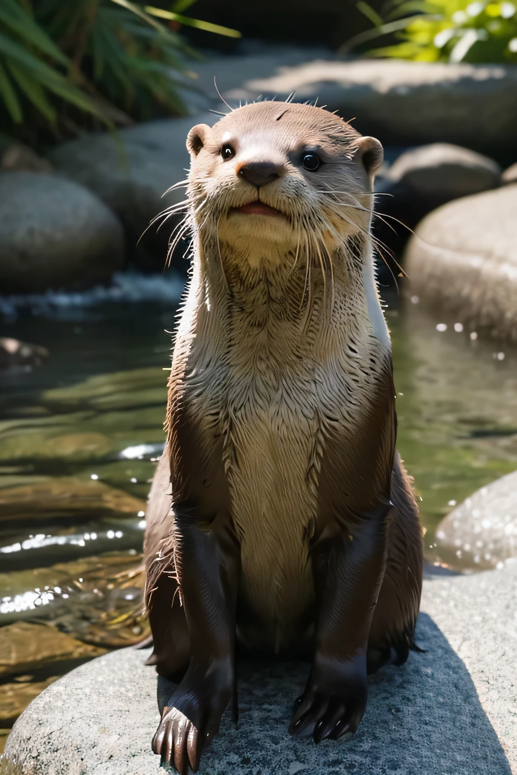 A water otter，there is a small otter that is sitting on a rock, cute otter, otter, anthropomorphic furry otter, river otter dragon, Proud looking, anthropomorphic otter in costume, Proud look, Proud looking away, victorious expression, fantasy otter love, Naughty look, 