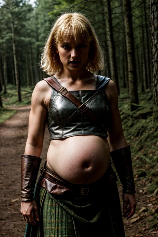 attractive medieval warrior princess, circa 1500s, castle on scotland countryside, short hair, blonde, midriff, pregnant belly, huge hips, biting teeth expression, gloomy forest, night, cinematic