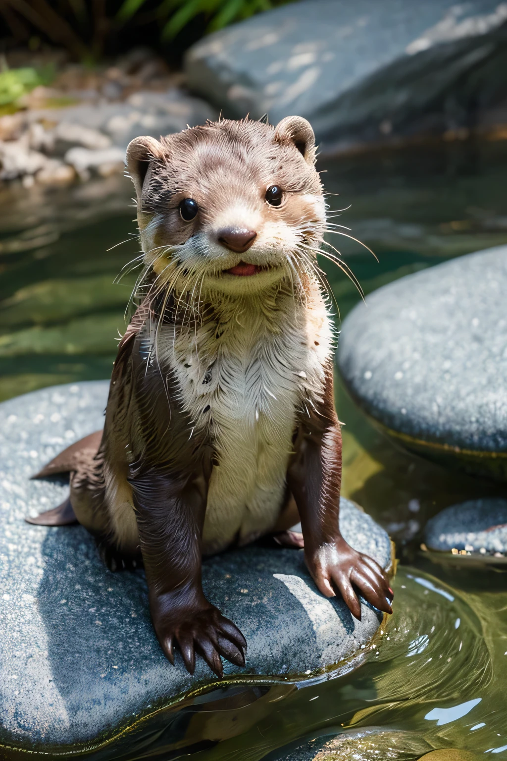 A water otter，there is a small otter that is sitting on a rock, cute otter, otter, anthropomorphic furry otter, river otter dragon, Proud looking, anthropomorphic otter in costume, Proud look, Proud looking away, victorious expression, fantasy otter love, Naughty look, 