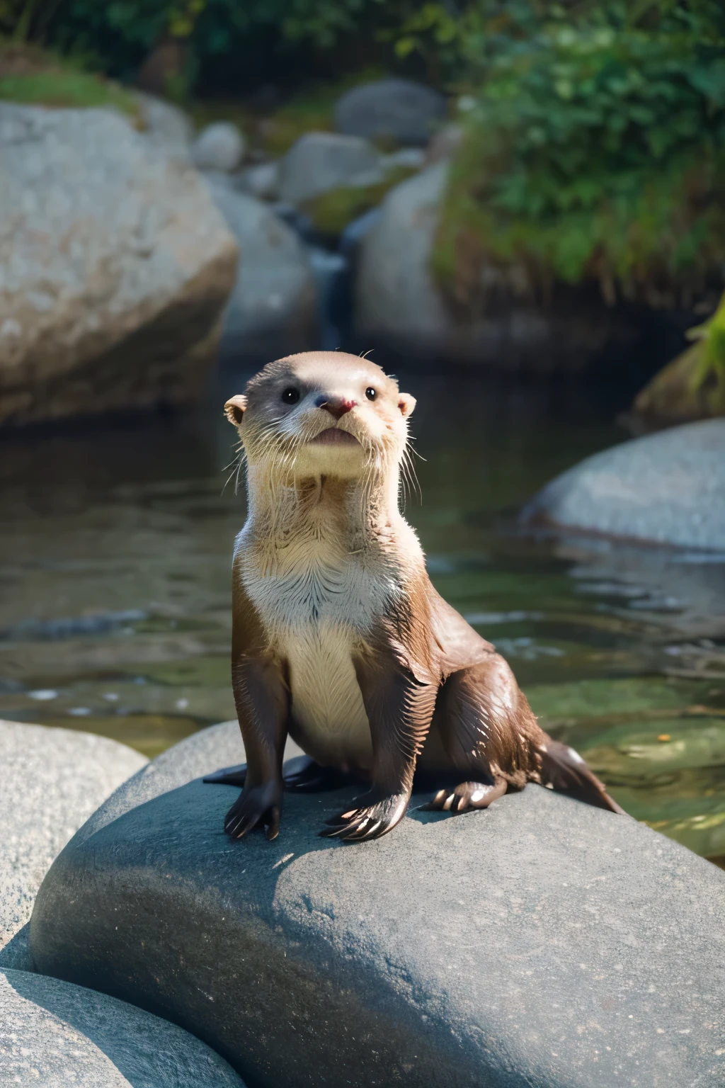A water otter,there is a small otter that is sitting on a rock, cute otter, otter, anthropomorphic furry otter, river otter dragon, Proud looking, anthropomorphic otter in costume, Proud look, Proud looking away, victorious expression, fantasy otter love, Naughty look,