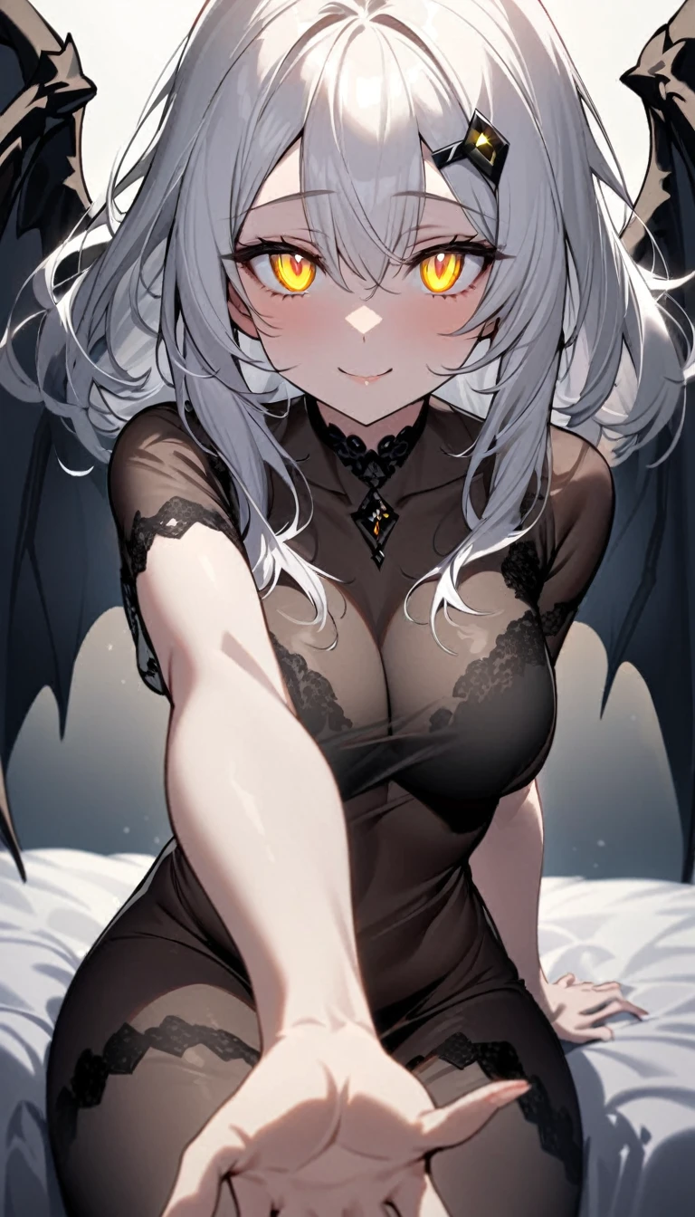 A woman, flowing white hair, melancholy eyes, yellow pupils, black diamond-shaped hairpin, tattered black dragon wings sprouting from her back, Tiny feathers are dancing, warm smile, arm support, arms up, incoming hug, pov, reaching, reaching towards viewer, looking at viewer, She is sitting on a super huge black see-through soft duvet,