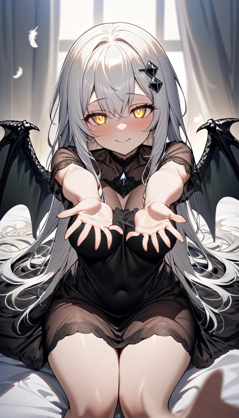 A woman, flowing white hair, melancholy eyes, yellow pupils, black diamond-shaped hairpin, tattered black dragon wings sprouting from her back, Tiny feathers are dancing, warm smile, arm support, arms up, incoming hug, pov, reaching, reaching towards viewer, looking at viewer, She is sitting on a super huge black see-through soft duvet,