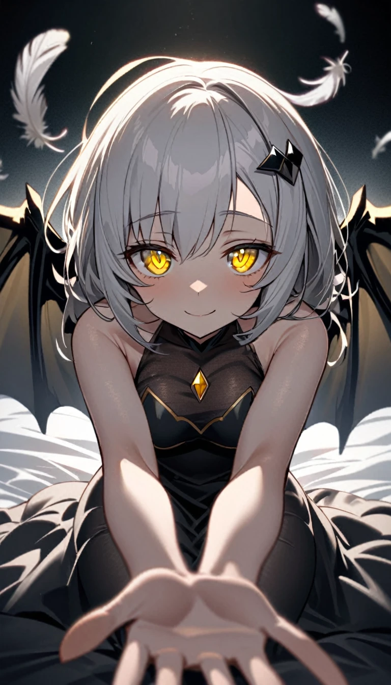 A woman, flowing white hair, melancholy eyes, yellow pupils, black diamond-shaped hairpin, tattered black dragon wings sprouting from her back, Tiny feathers are dancing, warm smile, arm support, arms up, incoming hug, pov, reaching, reaching towards viewer, looking at viewer, She is sitting on a super huge black see-through soft duvet,