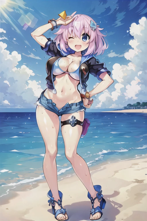 (((masterpiece))), ((highest quality)), ((Very detailed)), ((High resolution)), ((8k)), ((Anatomically correct)), One Woman, Short Hair, Big Breasts, (he is short), Very cute woman, delicate, Charming smile, Light pink hair, Bright Eyes, Big Eyes, Best moment, Vivid eyes, Beautiful Skin, Cute face, delicateな腕, Detailed skin texture, Intricate details, Very detailedな顔, Beautiful Eyes, Beautiful curves, View your viewers, Beautiful thighs, Sweating, I can see my belly button, Wear a bright light blue triangle swimsuit, Beach at night, barefoot, A big smile, Looking up, blush, Date with a lover, Denim shorts, Wearing Sandals, The sun is reflected in the background, Wink, Place your hands on your hips, Model standing, Beautiful standing posture, Open your mouth, Look into the viewer, Wink with one eye,