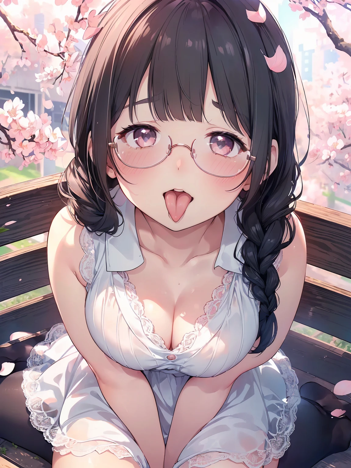 Very detailed, highest quality, High resolution, Moe Anime, ((A cute elementary school girl with black hair and droopy eyes)), ((Wearing large round glasses:1.4)), (Baby Face), Cute eyes, Detailed eye depiction, Sparkle in the eyes, View your viewers, Pale skin, (Big eyes:1.4, Droopy eyes:1.4, Fatty face:1.4), smile, Focus on the face, In the park with cherry blossoms falling, Sitting, (Extreme close up of tongue), (((From above))), Open your mouth, (((Face only:1.3))), ((white lace sleeveless dress)), Bright Eyes, (Put your hands between your legs:1.4), large and long tongue, Cleavage, Braided hairstyle, Pink ribbon