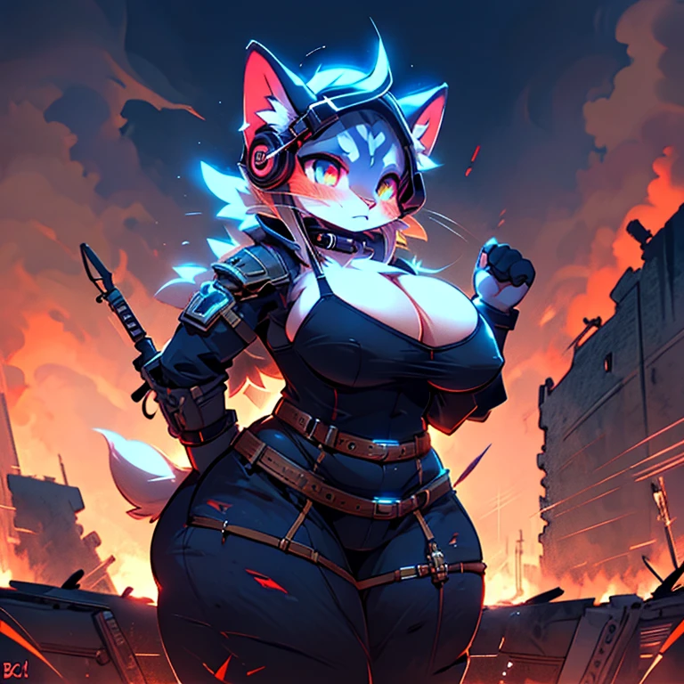 3girls, any outfit, any pose, cat, any fur color,a ny fur pattern, any eye color, and pupil color and shape, ruined and abandoned city, looking at user, any view, any place, full body, massive breasts and hips, oversized or undersized outfit, armed or unarmed, doing anything, tall, adult, full face blush, glowing eyes, any weapon, athletic, headphones, ammo belt