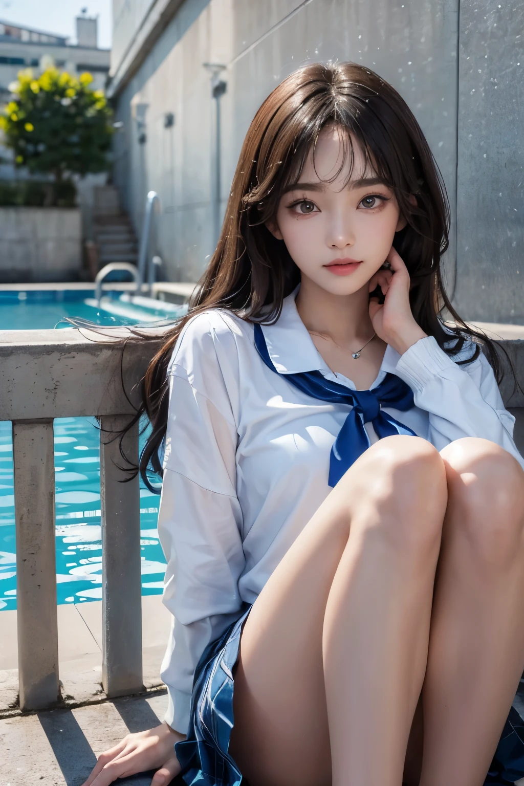 ((highest quality、8k、masterpiece:1.3))、(whole body:1.3),Sharp focus:1.2、(Realistic、Realistic:1.37)、Beautiful legs、Point your feet towards the audience、Get your feet in front of the audience、Woman with beautiful face、28 years old、Pointed Chest、Long eyelashes、Colored contact lenses、delicate,Very fine eyebrows、（Sharp eyebrows）、（Thin eyebrows）.Highly detailed face、(Brunette messy hair:1.3、Sailor suit、(School swimming pool:1.2)、blue sky、、Detailed Background(8k、masterpiece、highest quality、RAW Photos),(Dynamic Pose:1.3),(A radiant smile:1.3)、(Knee-length skirt:1.2)