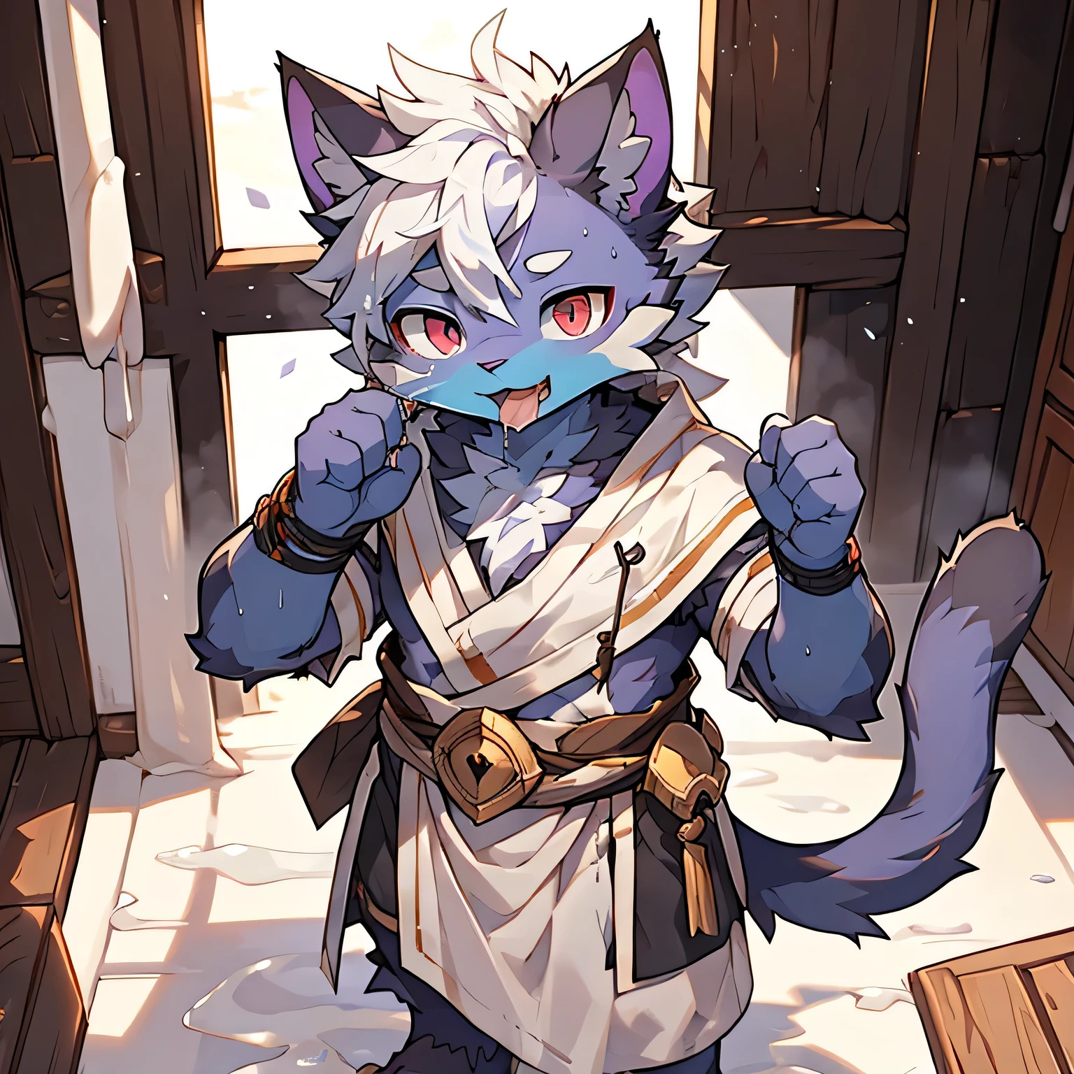 The only person,(Male cats:1.5), (blue skin:1.3), hairy,(Black-purple fur:1.3),((Red pupil)) ,(Purple ears),(hairy animal ears),There is a lot of white liquid on the body,Covered with hair,Wear adventurer's clothes,There is a lot of white liquid on the body,The hair was wet with white liquid,saliva,Fine hair,top view,Full body portrait,There is a lot of white fluid on the face,There is a lot of white fluid on the hair,It's covered in white liquid,Perfect sunshine,There is a lot of white liquid,Squat,Room Background,Complete clothes