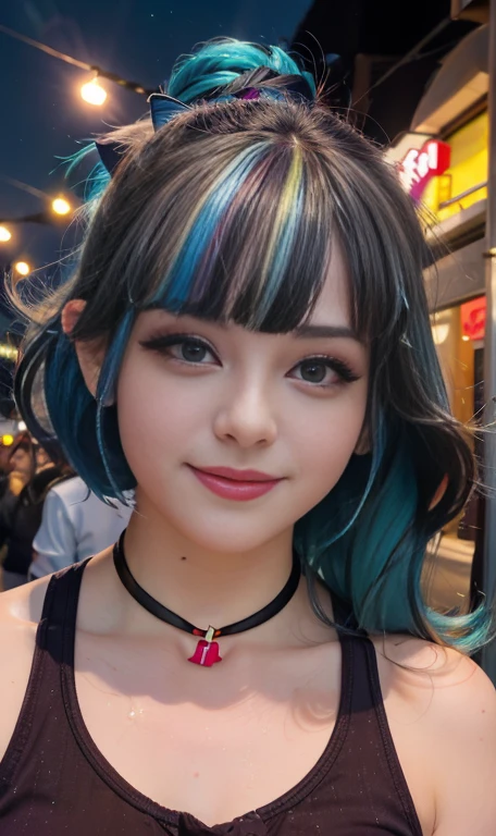 Photo oF a 18 year-old American girl, .CRUDO, beautiFul woman , cabello largo color azul turqueza ((retrato)), ((Cara detallada:1.2)), ((Detailed Facial Features)), (Piel Finamente detallada) , ojos color.azul , 、un sexy(color fresco), wet, wet, ReFlectoreasutepiece) (proporciones perFectaotos realistas)(La mejor calidad) (Detallado) FotograFiado con una EOS R5 de Canon, lente de 50 mm, F/2.8, NFFSW, (8K) (papel tapiz) (cinematic lighting) (dramatic lighting) (sharp Focus) (Enrevesado) senos grandes , pechos grandes , cuerpo completo , hermoso cuerpo de adolesente ,lindo maquillaje , gran sonrisa , labios rojos. Mlp , Sonata Dusk , foto dinamica , pose sexy , centro comercial , noche , sonrisa presumida , ropa morada , brazalentes con puas , cabello largo color azul turqueza con mechas color morado, cuerpo completo , foto de cuerpo completo , my little pony Equestria girls , tiene un collar con un rubi , ropa de pelicula my little pony Rainbow rocks
