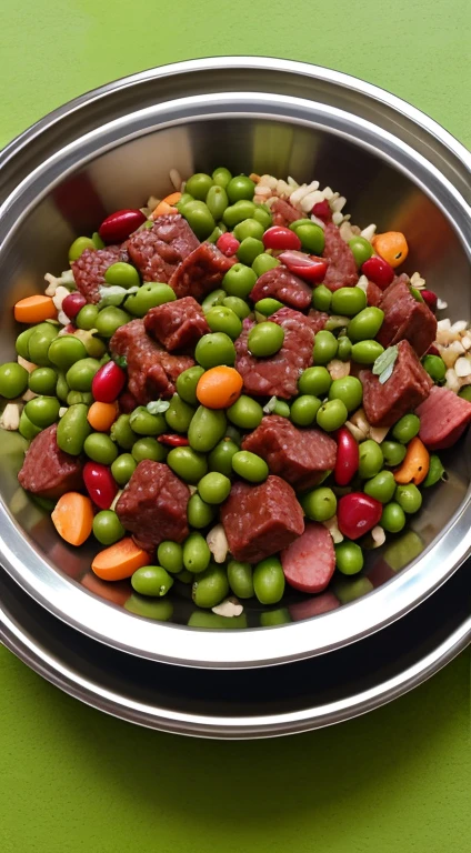 Natural food for dogs, in a stainless steel bowl, cheio de legumes, verdes, frutas e carne