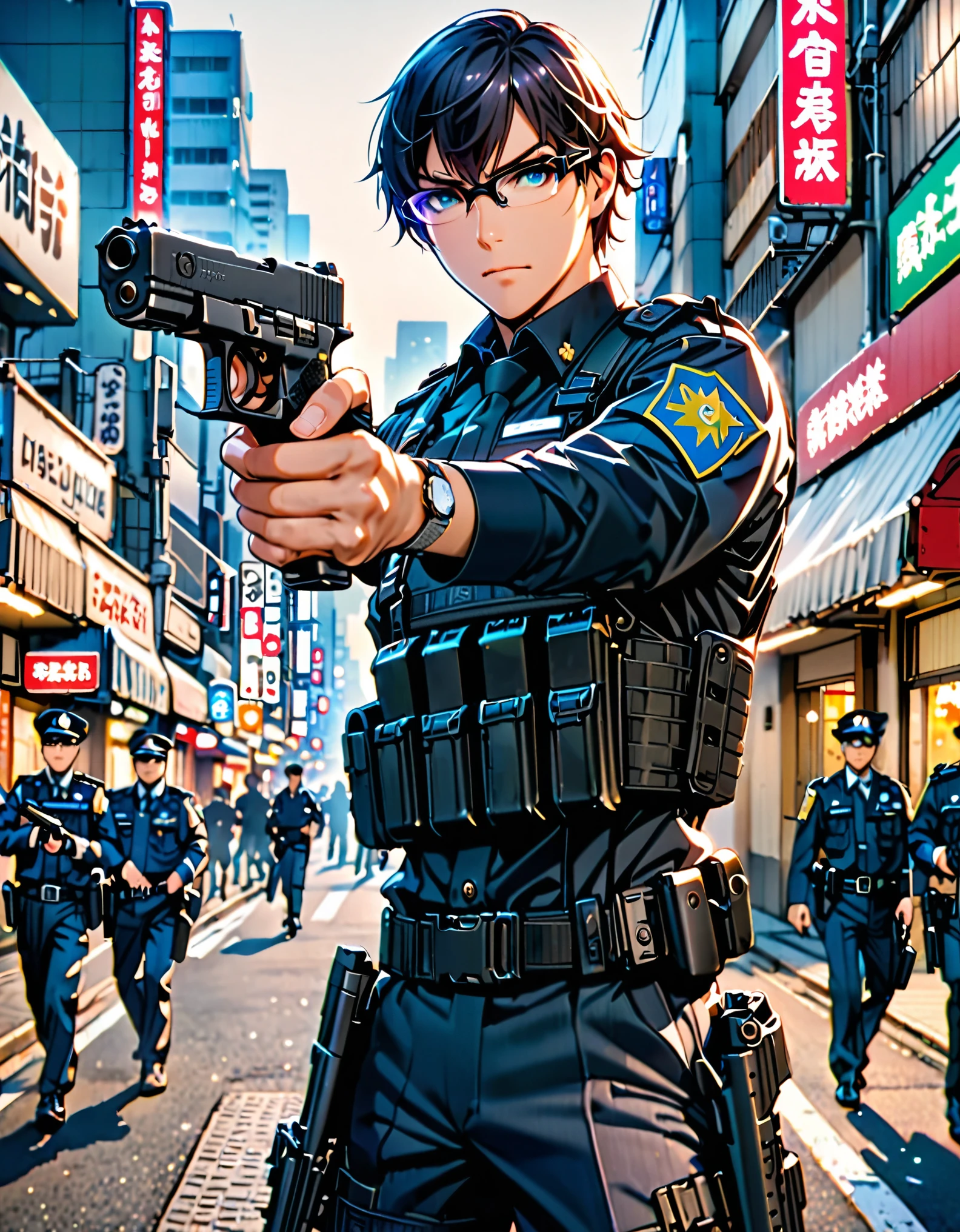 high resolution,(masterpiece:1.4),Hyper-detailing,Young man,holding a pistol,routine patrol , male focus, Japanese Police officer, (black uniform), tokyo street, The expression is cocky, (perfect hands), (holding a gun, holding a pistol, shooter, finger on trigger, glock17), solo, solo focus, (blue-green eyes), (blue hair, short hair), (glasses).