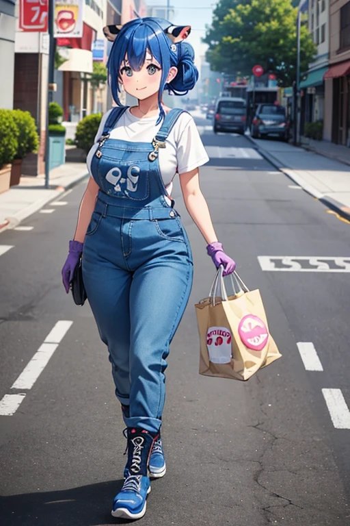 Anime Art、Full body portrait、Space SF delivery guy、A curvy woman with cow ears, about 180 cm tall, about 46 years old, wearing a cow pattern T-shirt and blue overalls, walking while carrying a large bag and eating a donut.、Updo blue hair、Smiling、gloves、sports boots