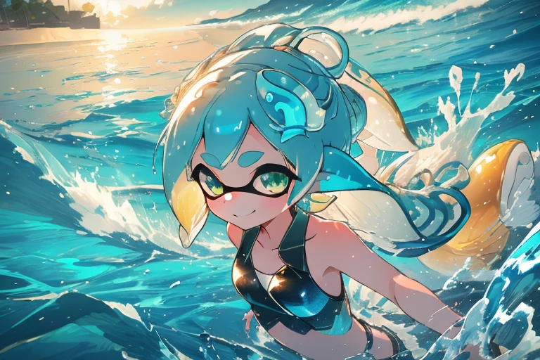 Ocean,refreshing,Splatoon,Big eyes,highlight,Revealing clothing,Swimwear,Sniperライフル,Sniper,Transparency,smile,woman,front, do, highest quality, figure, Very high quality, high resolution, extremely delicate writing, Long Hair,Gradient Color,squid,Lime blue eyes,highlight,Splash