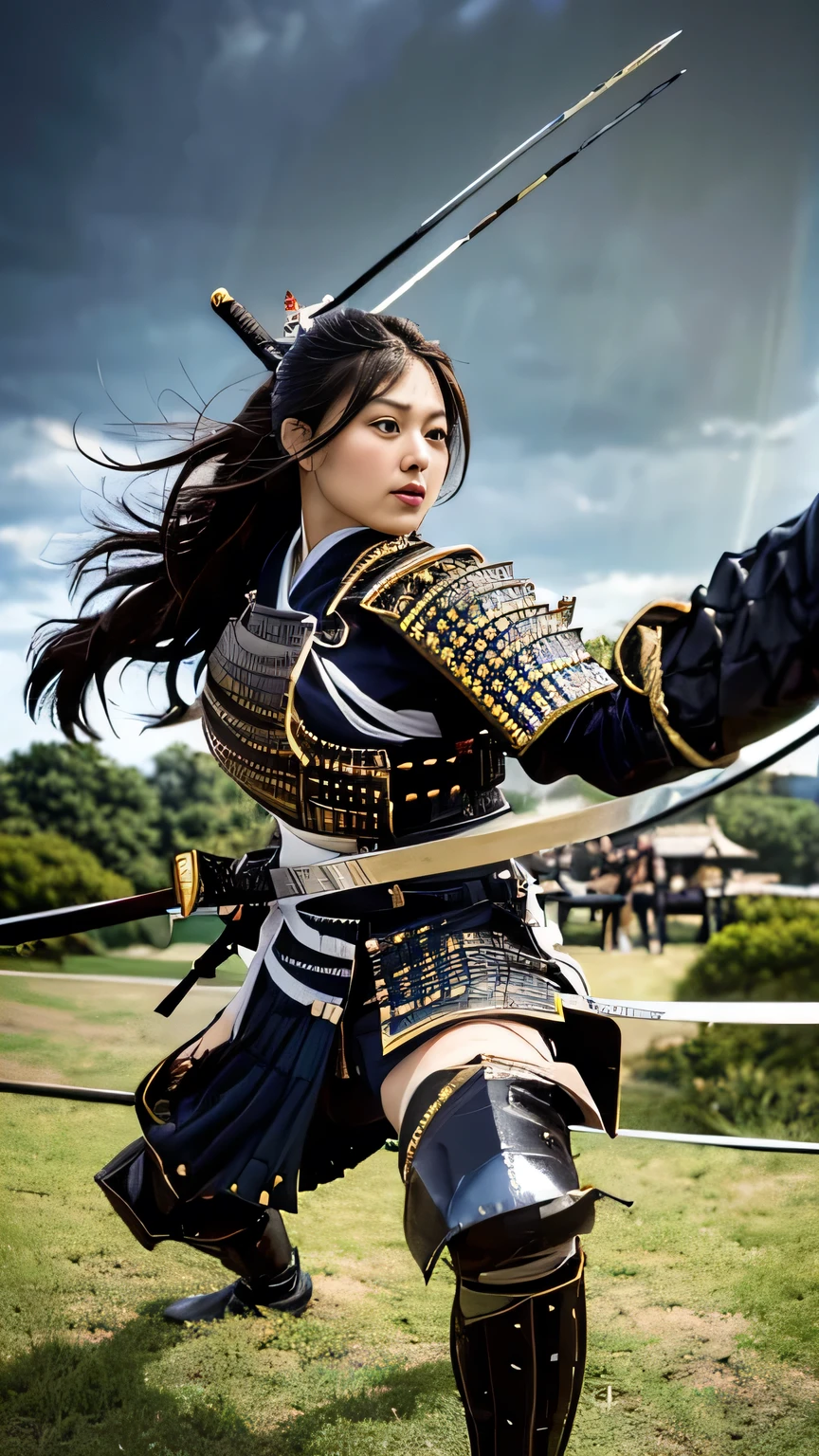 Timeless charm, elegance, photo movie-like ultra-ultra high definition, super real, 8K, ticker, ultra high resolution, masterpiece, (Photo Real Stick: 1.2), sharp focus,
1girl, cowboy shot, female warlord from the Sengoku period, accurate anatomy, pose during battle, stern expression, (highly detailed skin and facial texture: 1.2), (Samurai Armor: 1.3), pierced by a broken arrow (Fighting with a sharp Japanese sword: 1.3), (Fighting in a storm: 1.2), ((Rain, thunder, rising smoke, sparks, flying arrows, many arrows,)), Aesthetic, cute beauty, (perfect style: 1.2), fair skin, very beautiful face, black eyes, long black hair in a ponytail, messy hair, beautiful face, exquisite face, perfect proportions, drop-shaped breasts, voluptuous Breasts, thick thighs, (beautiful brown eyes, ), (dynamic pose, changing pose, dynamic angle,), dark night, big river, riverbed, Japanese wilderness, (wide angle of view: 1.5),