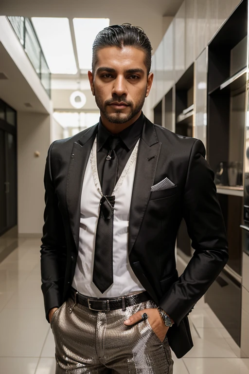 Homen latino bonito glamour moderno moda fashion brilho pedrarias strass  atletico  roupa preta couro metalico  sexy 