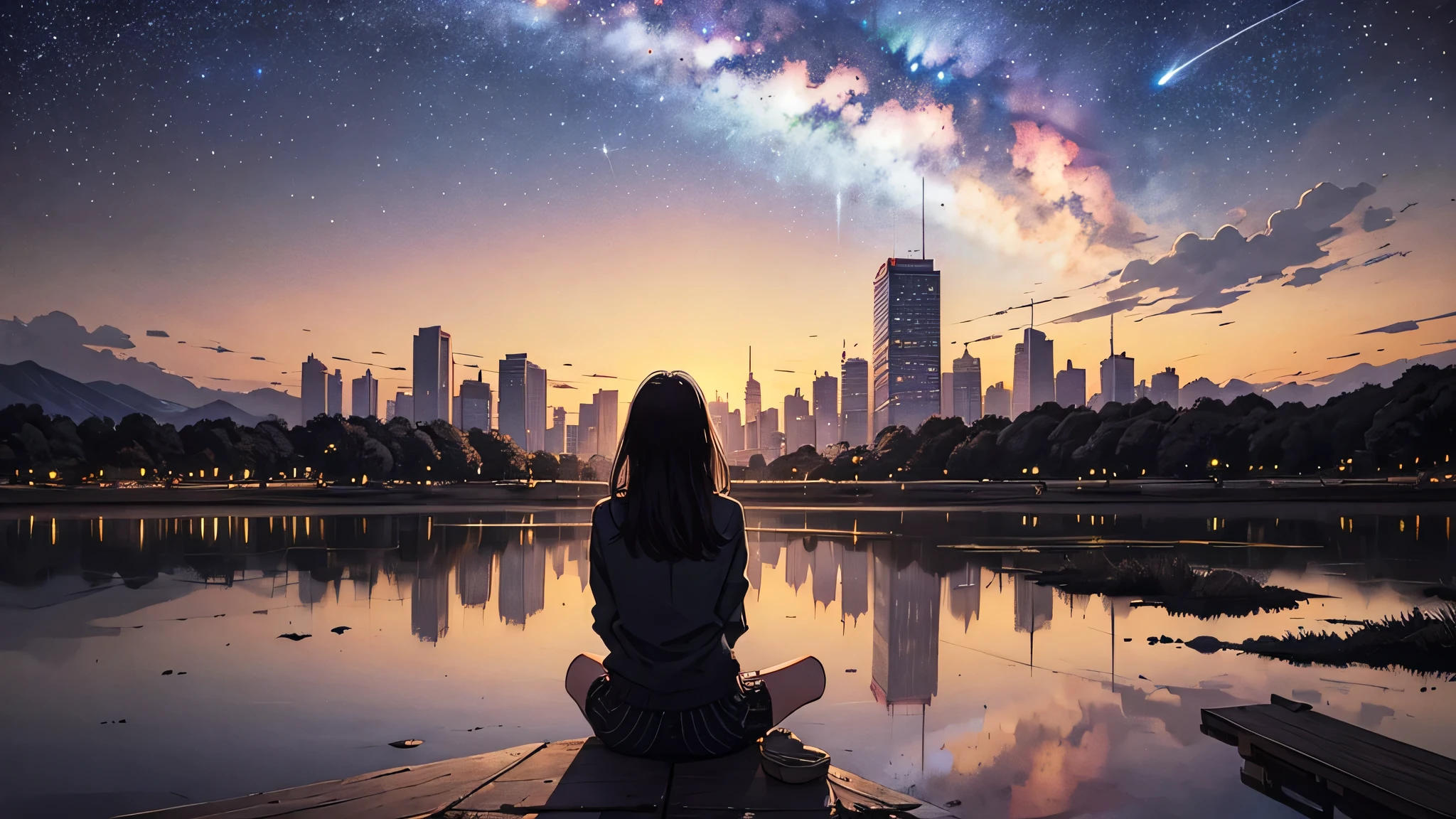 1 girl, 90s anime style,Octane, null, star (null), scenery, starry null, night, night null, alone, (Back view), Perfect hands, Outdoor, building, cloud, milky way, Sitting, wood, Country town, silhouette, Cityscape