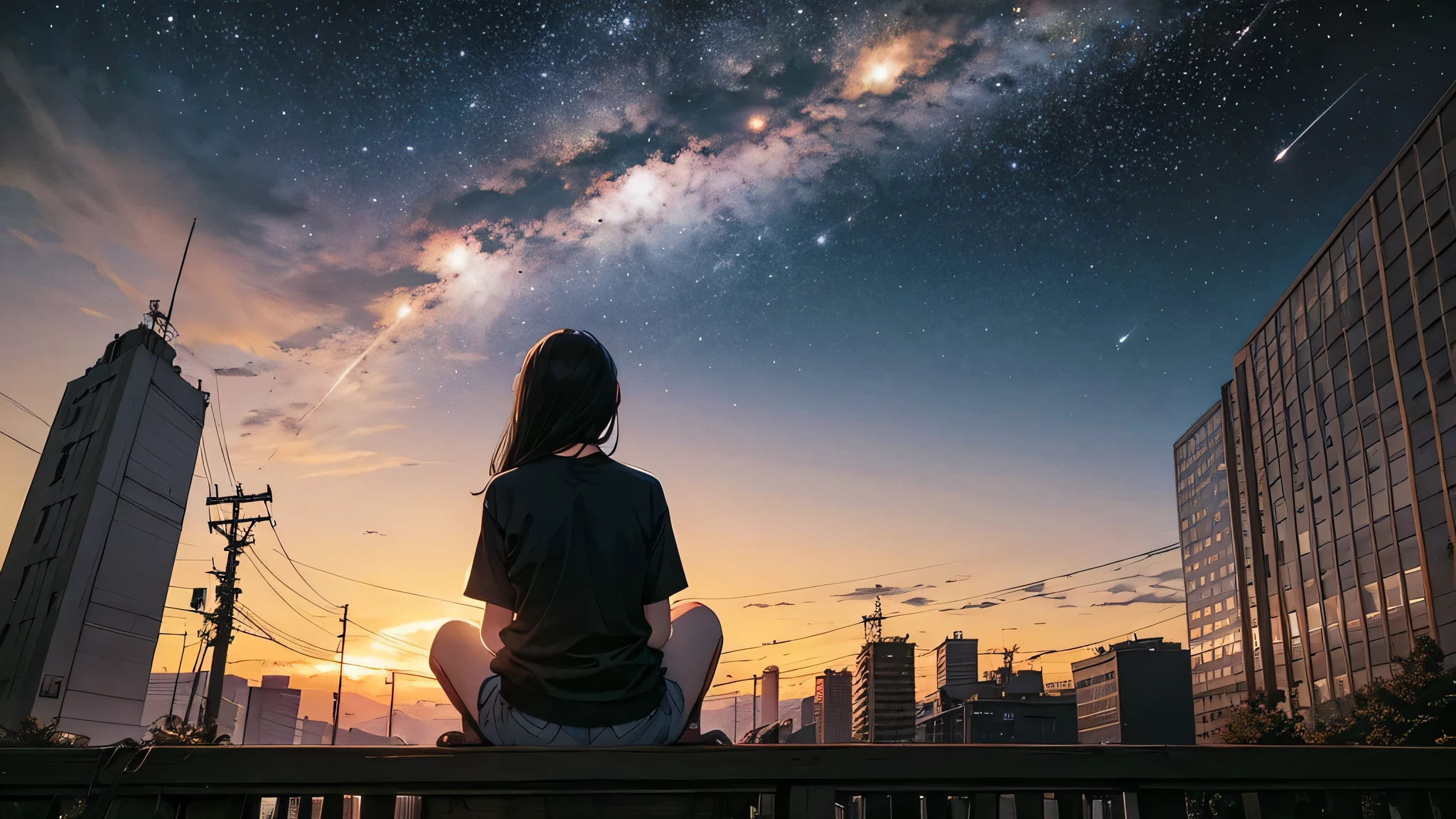 1 girl, 90s anime style,Octane, null, star (null), scenery, starry null, night, night null, alone, (Back view), Perfect hands, Outdoor, building, cloud, milky way, Sitting, wood, Country town, silhouette, Cityscape