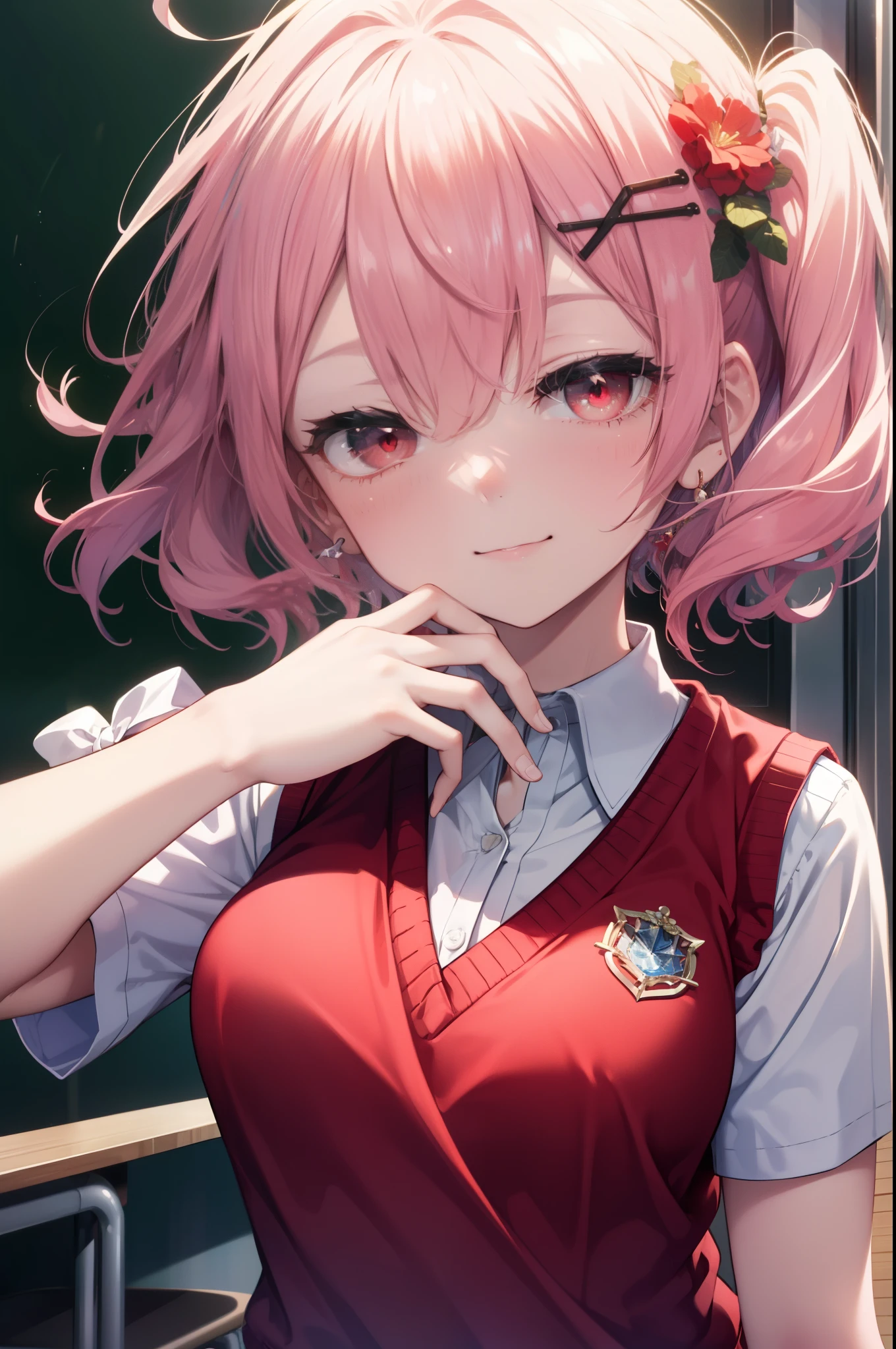 rezeroRam, Ram, Hair Flowers, hair ornaments, Hair on one eye, Pink Hair, (Red eyes:1.5), , x hair ornaments, bangs, blunt bangs,Side Ponytail,happy smile, smile, Open your mouth,,White Y-shirt,Short sleeve,Sweater vest, (red Sweater vest:1.5),
,Black pleated skirt,White pantyhose,Brown Loafers,足を組んで椅子に座っている
break indoors, School　classroom,
break looking at viewer,whole body,
break (masterpiece:1.2), highest quality, High resolution, unity 8k wallpaper, (shape:0.8), (Fine and beautiful eyes:1.6), extレムely detailed face, Perfect lighting, extレムely detailed CG, (Perfect hands, Perfect Anatomy),