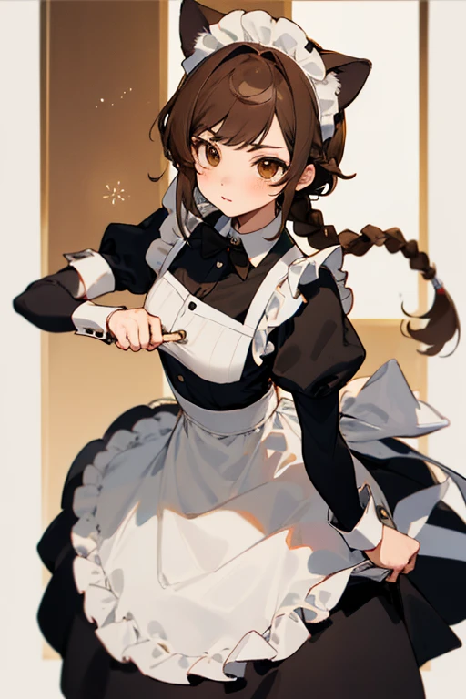 Mujer, ground brown hair with a braid, Brown eyes, con traje de maid con orejas de gato