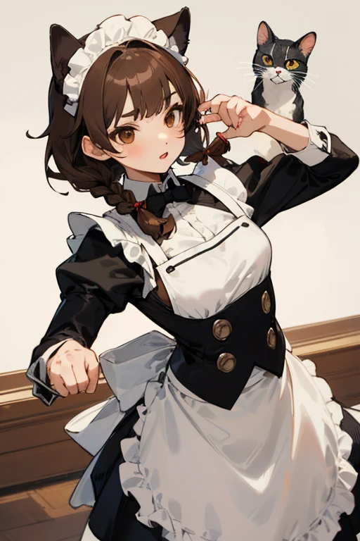 Mujer, ground brown hair with a braid, Brown eyes, con traje de maid con orejas de gato