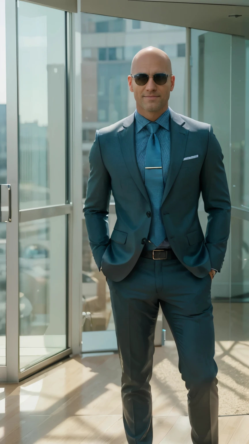 (best quality,8k,high-res,detailed:1.2),masculine businessman,handsome 40-year-old man,bald,blonde with a perfect smile,green eyes,staring at the camera,detailed,summer clothing,city background,modern office,confident posture,holding a briefcase,stylish sunglasses,golden watch,shiny leather shoes,standing in front of a glass window,blue skies reflecting on the window,sharp suit with a tie,well-groomed appearance,impressive physique,immaculate haircut,well-defined facial features,vibrant colors,professional lighting,crisp and clear image,refined aesthetics,subtle shadows,bright and airy atmosphere,impressive attention to detail,photorealistic portrait,immersive experience