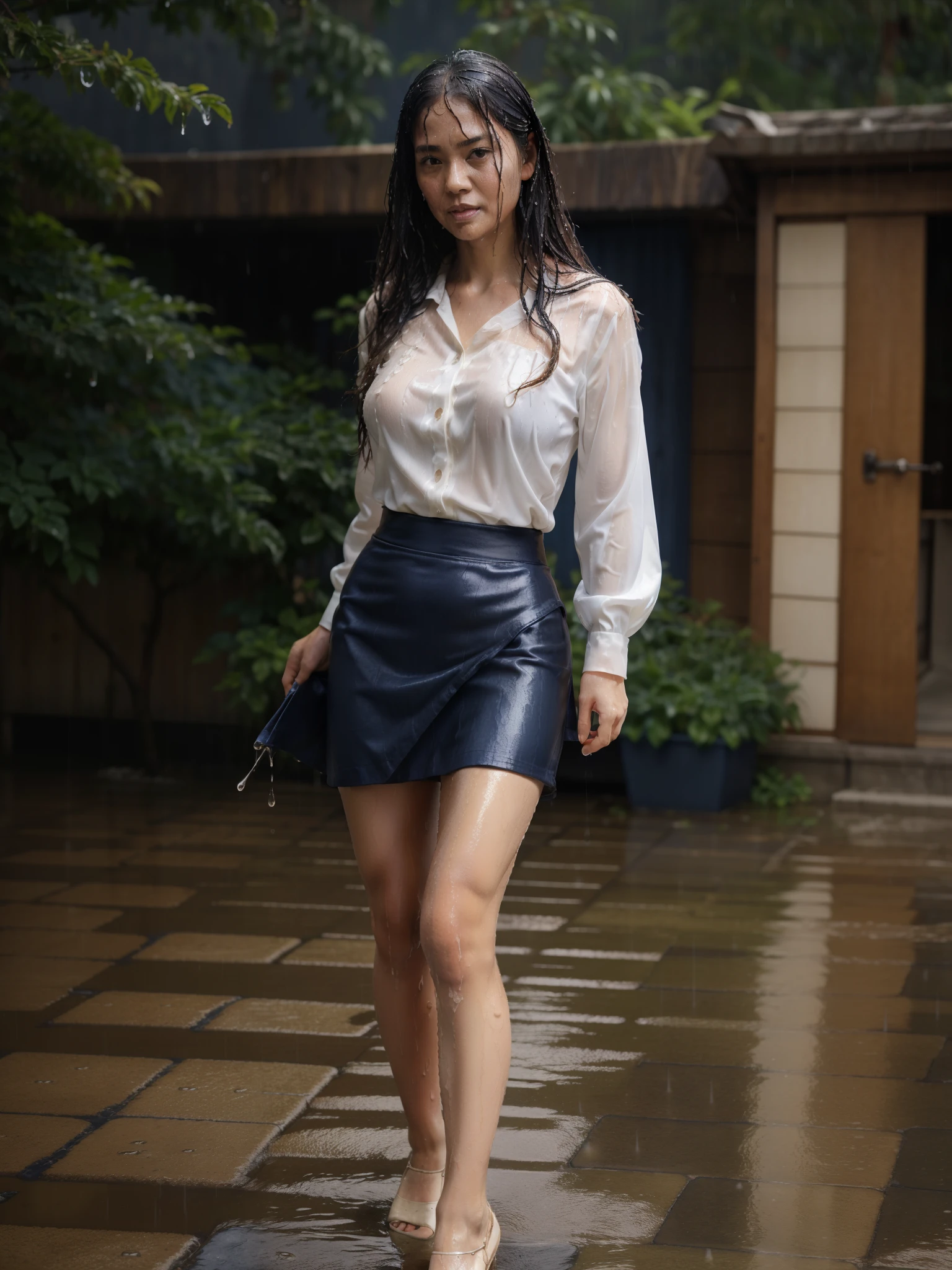 ((highest quality)), ((8K)), ((masterpiece: 1.3)), (Perfect appearance), (Photorealism: 1.6), 
(雨の中を街中を歩く60 years oldのJapanese Mature), BREAK(傘無しで歩くJapanese Mature: 1.4), BREAK (A busy sidewalk in an office district: 1.2), (Detailed background), (Soaking wet), (Full body portrait: 1.4), 
(60 years old, Japanese Mature), ((Realistic skin texture)), (Fine lines all over the skin), (Dull skin), (Facial wrinkles), (Wrinkles around the eyes), double eyelid, Tear bags under the eyelids, 
Melancholic expression, Raindrops running down my face, 
Short bangs, Straight long hair, Rain-soaked hair, (Raindrops dripping down my hair: 1.4), 
BREAK(A thin, fitted white blouse: 1.4),BREAK BREAK(Navy blue tight skirt: 1.4), BREAK (Blouses that get wet and adhere to the skin),  (The wet blouse is visible: 1.6), (The wet skirt is visible), High heels,