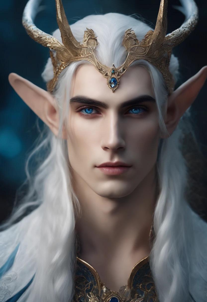 The man with lang hair and wite, the face beautiful with elf ears, eyes and blue 
