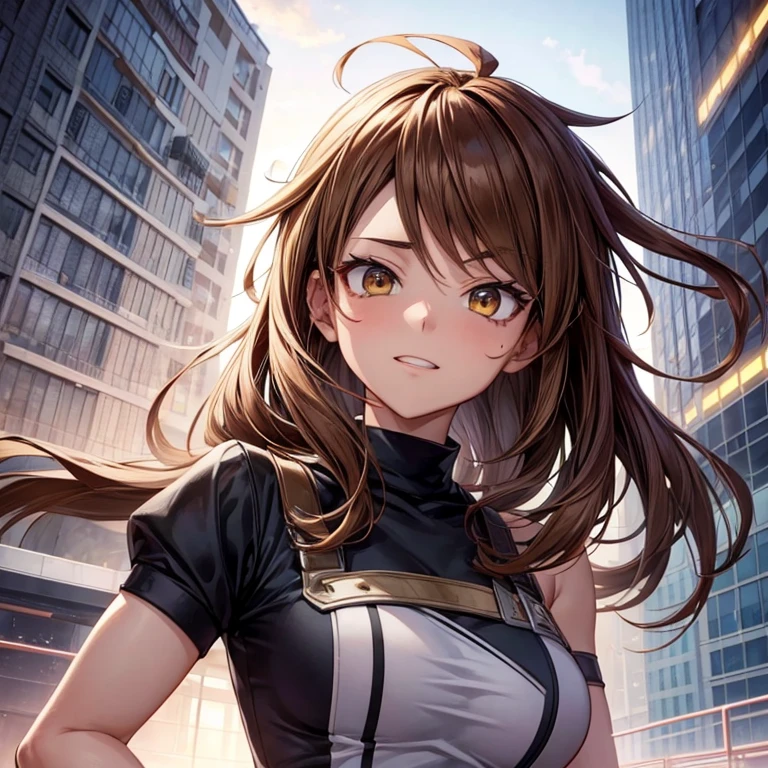 Make me a boku no hero academia oc 
Gender: Female
Skin: light brown  
Hair: dark brown and large
background: In the top of a building, Night