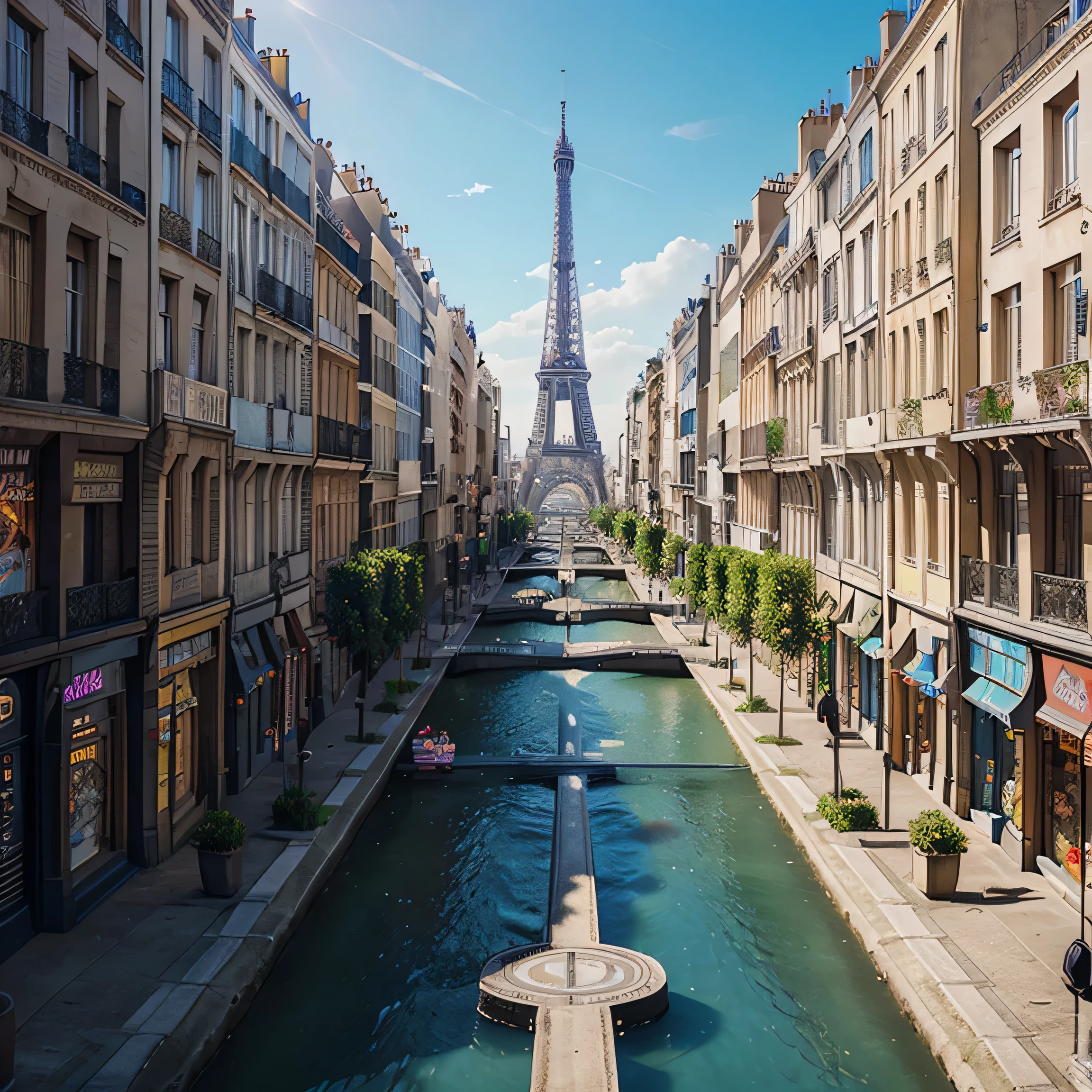 París france a highly detailed digital matte painting of a sprawling realistic vice city and holographic advertisements