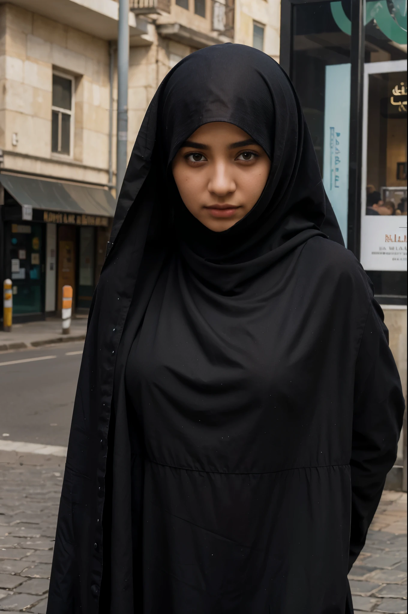 ((Best quality)), ((masterpiece)), (detailed), perfect face Muslim girl in the street , realistically , to full height, dressed closed Muslim, the body should not be seen, black color burqa,