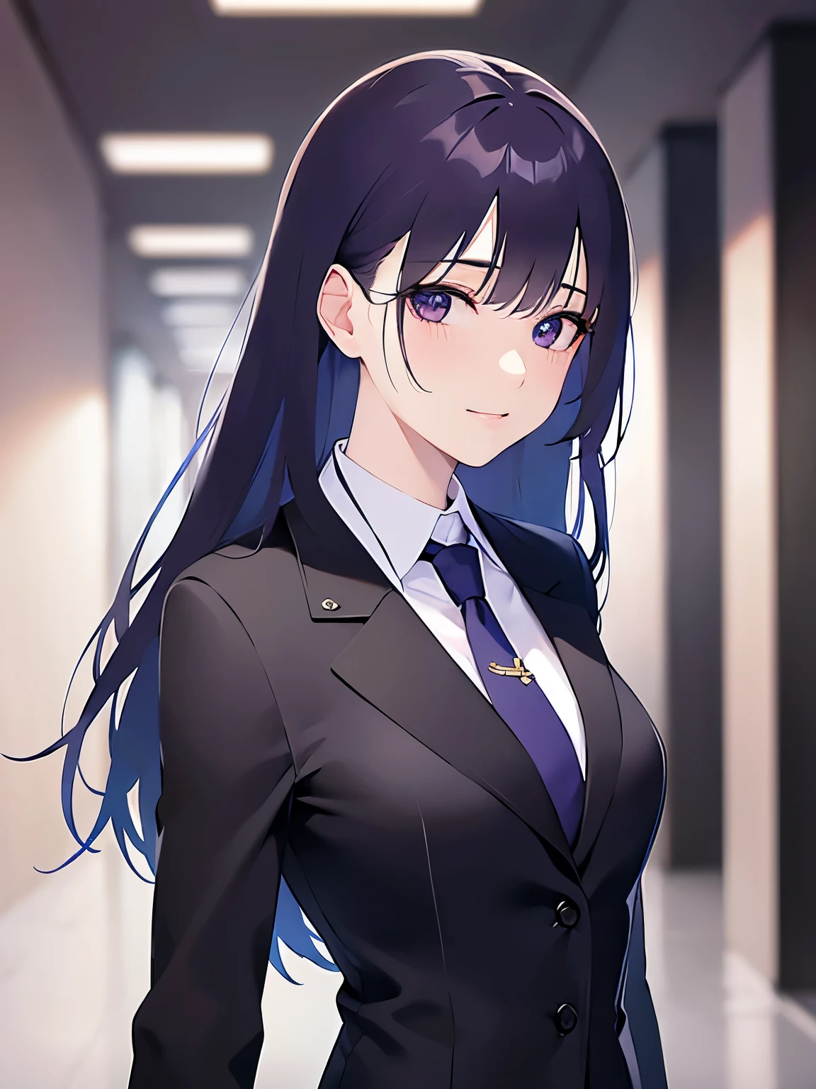cinematic angle, side angle、upper body, Realistic, real person, (pale skin: 1.2), (RAW photo:1.5), photorealistic, shiny skin, shiny hair、(A 25-year-old woman with straight hair and bangs) and (medium hair) and (black hair) and (purple eyes) and (half eyes), business suit, confused, smile, The background is an office hallway、alone、Are standing
