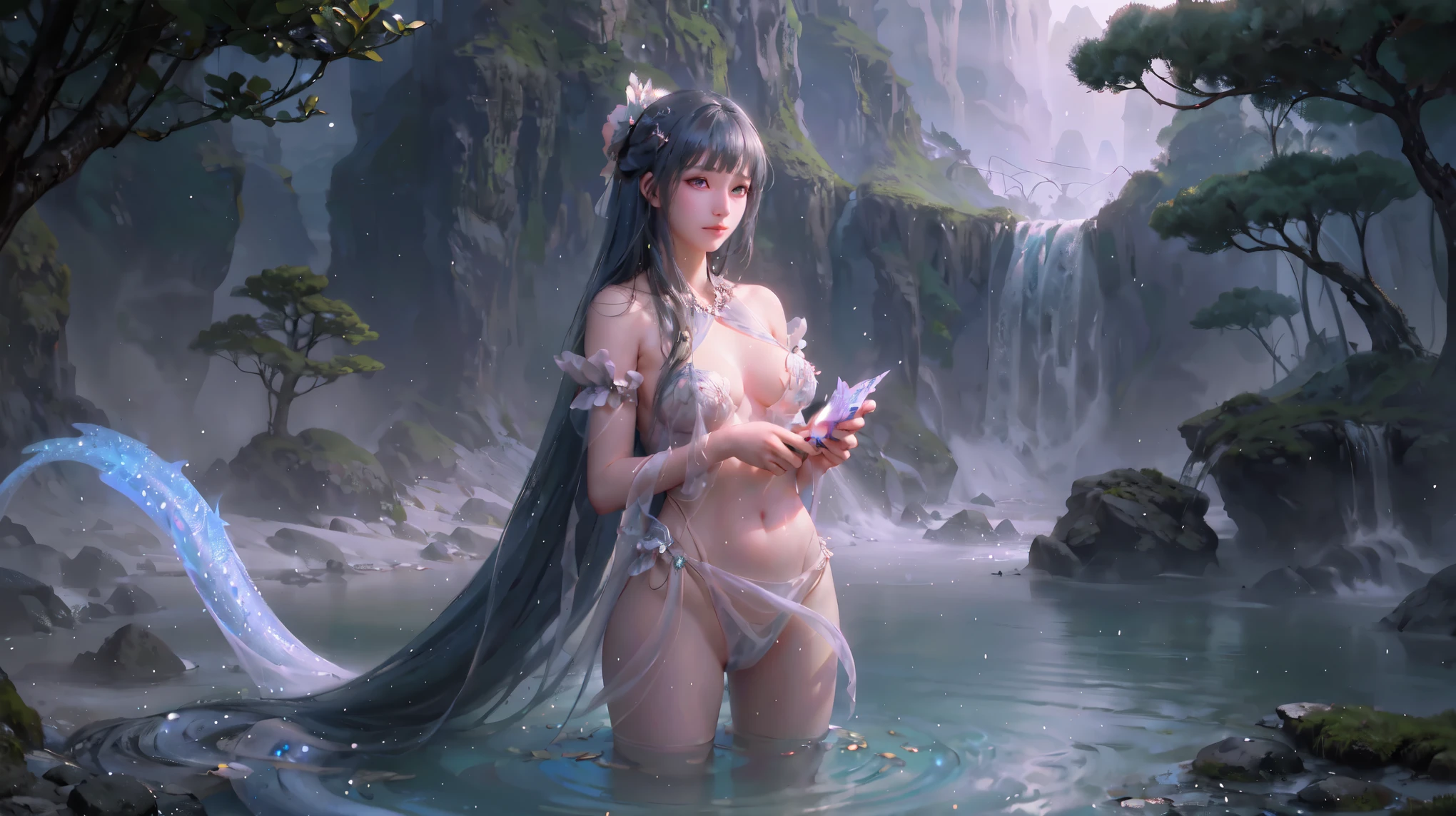 （A girl washing clothes by the river：2.0）, glowing scales , Ethereal Background, Mysterious atmosphere, rich and colorful, Complex Mode, atmosphere, 超high resolution, (Realistically:1.4), RAW photos,16K,drama灯光,Wet Translucent Dress：1.9，Showing shoulders and thighs，Breasts that droop outwards，hyper-realistic illustration, high resolution, Super detailed, absurd,(Fractal Art:1.3)、Long straight hair、Princess Cut Hairstyle，Random hair color、full-body shot、high quality、Precise focus、4D Cinema、drama，watercourse，shrub，Outdoors in the wild，rock，