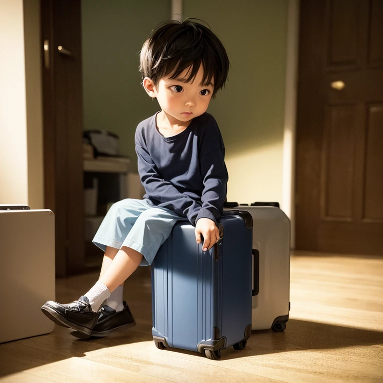  boy looking sideways curiously with a suitcase in his hand 