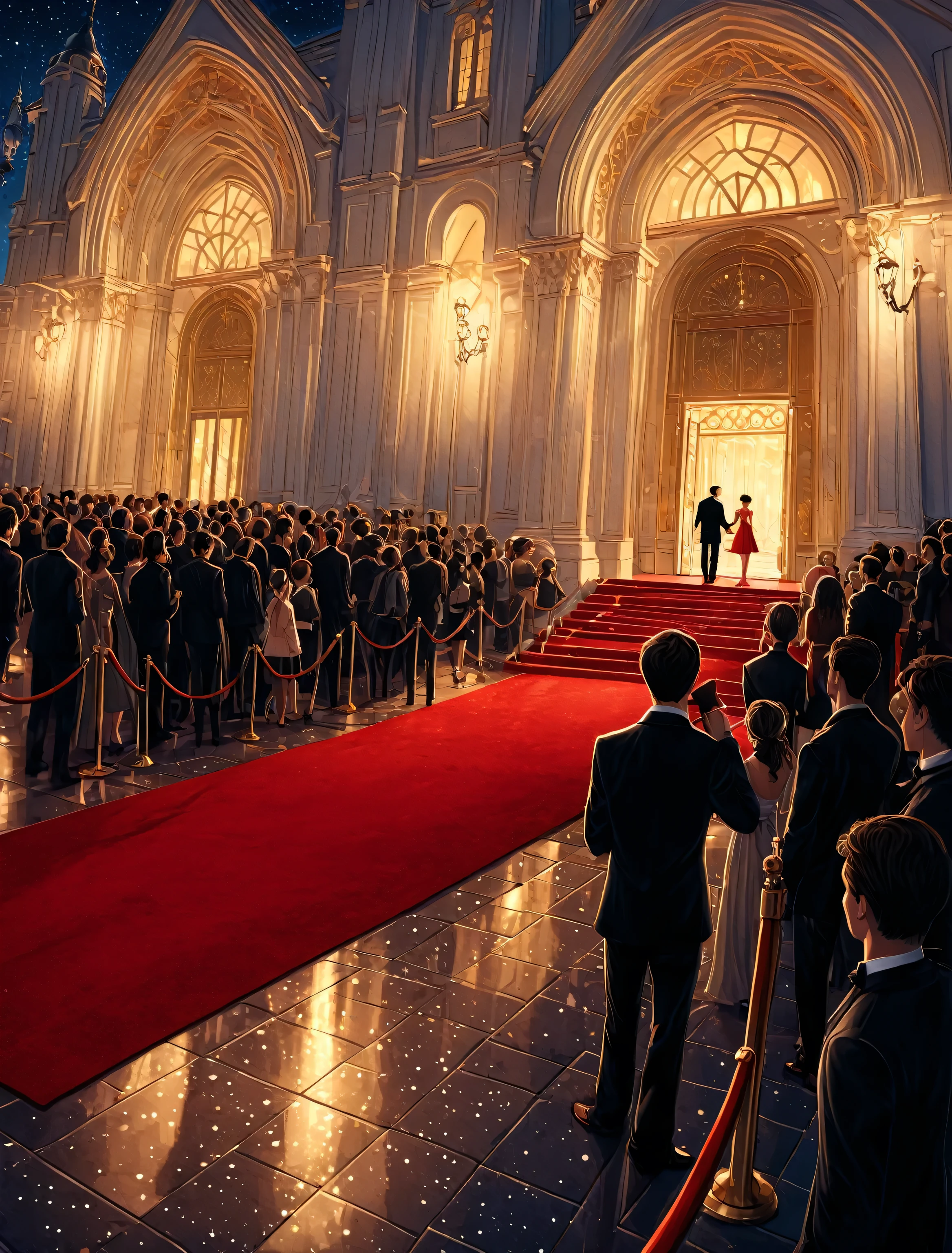 illustration, red carpet, night, beautiful building, masterpiece, storybook style, highly detailed, masterpiece