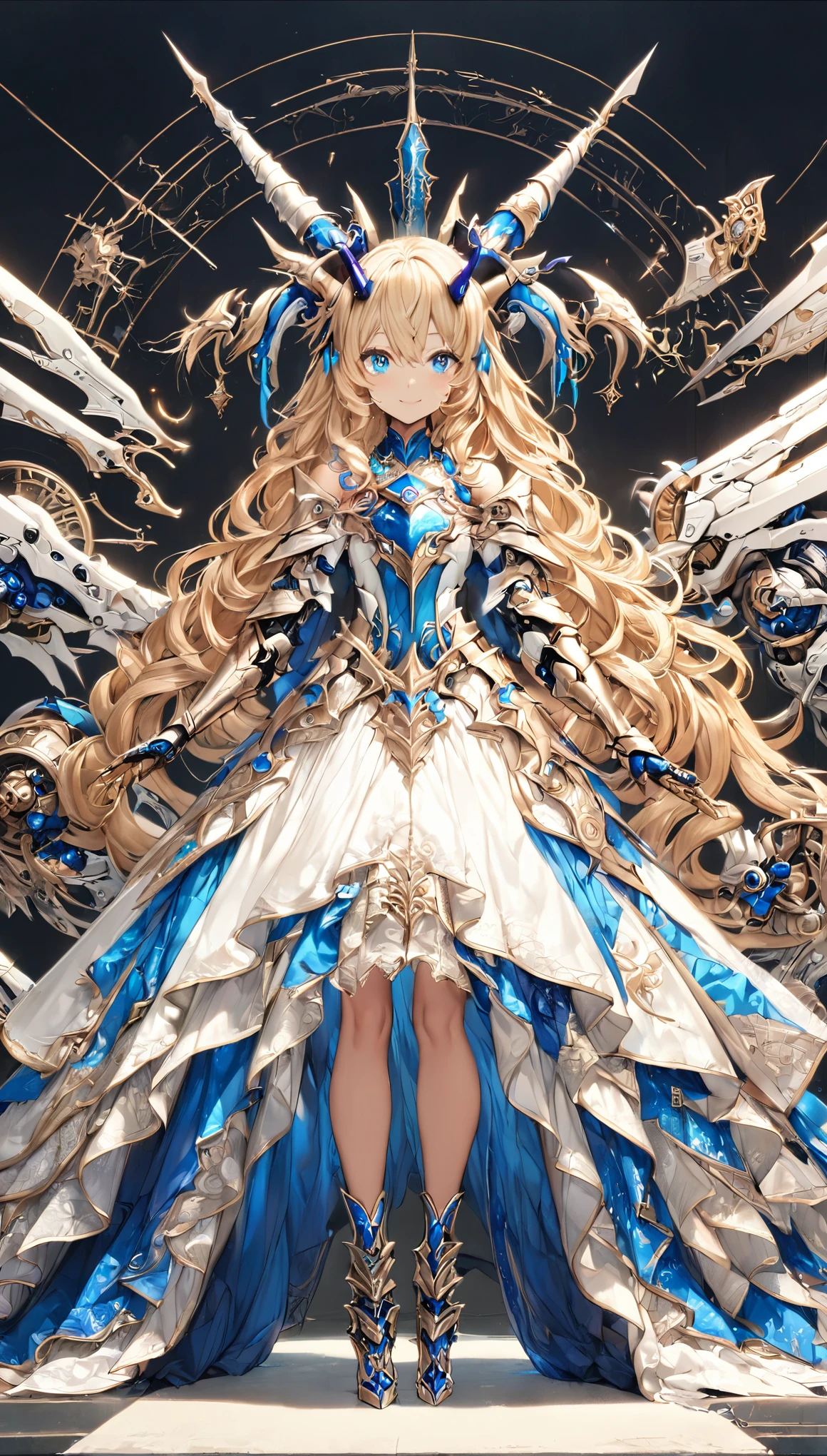 masterpiece, best quality, extremely detailed, high resolution, Japanese anime,1girl, gold hair, (medium length hair:1.4), curly hair, wavy hair, drill hair, (mechanical horn:1.5), mechanical wing, (blue eyes:1.5), (beautiful detailed eyes:1.4), laugh, 130cm tall, original character, fantasy, (black background:1.2), (full body:1.8), beautiful fingers, standing, (white blue lace frill armor dress:1.5), (bejeweled headgear:1.5) , shoot from front, looking at viewer