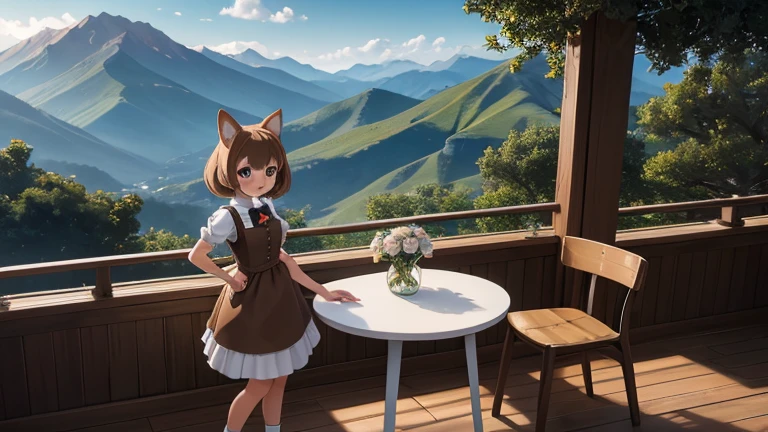 anime,chica con orejas de gato ,short light brown hair, vestida de maid, standing next to a small white circular table with two chairs next to the table near a tree,on a small green mountain in the background of mountains 