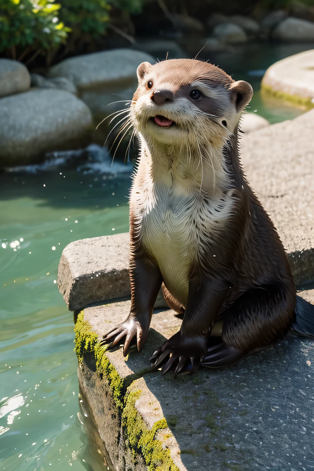 A water otter,there is a small otter that is sitting on a rock, cute otter, otter, anthropomorphic furry otter, river otter dragon, Proud looking, anthropomorphic otter in costume, Proud look, Proud looking away, Victory look, fantasy otter love, Naughty look,