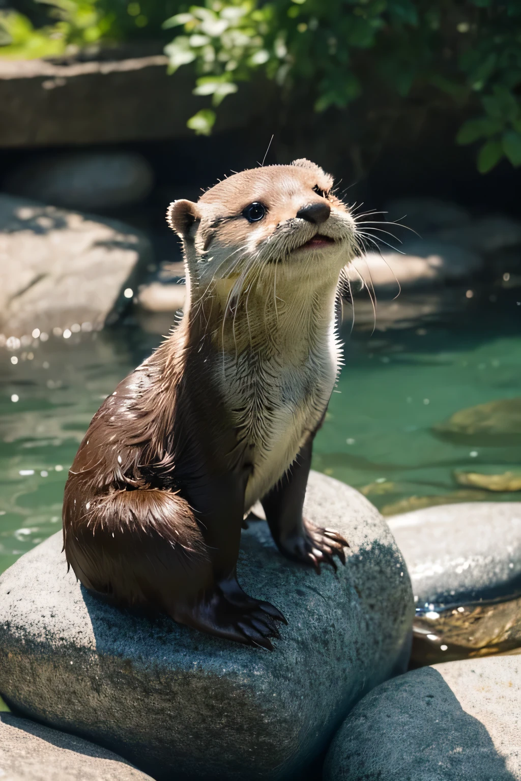 A water otter,there is a small otter that is sitting on a rock, cute otter, otter, anthropomorphic furry otter, river otter dragon, Proud looking, anthropomorphic otter in costume, Proud look, Proud looking away, Victory look, fantasy otter love, Naughty look,