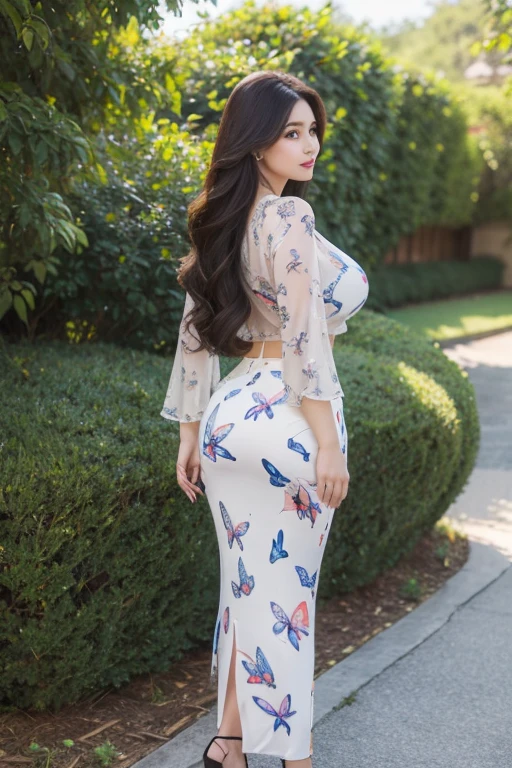 1woman, long hair, realistic, masterpiece, high detailed skin, huge breasts, curvy, pretty, looking at viewer, view from back, outdoor view, solo, full body shot, opal butterfly print blouse, butterfly print pencil skirt, (no logos on background), (no logo).