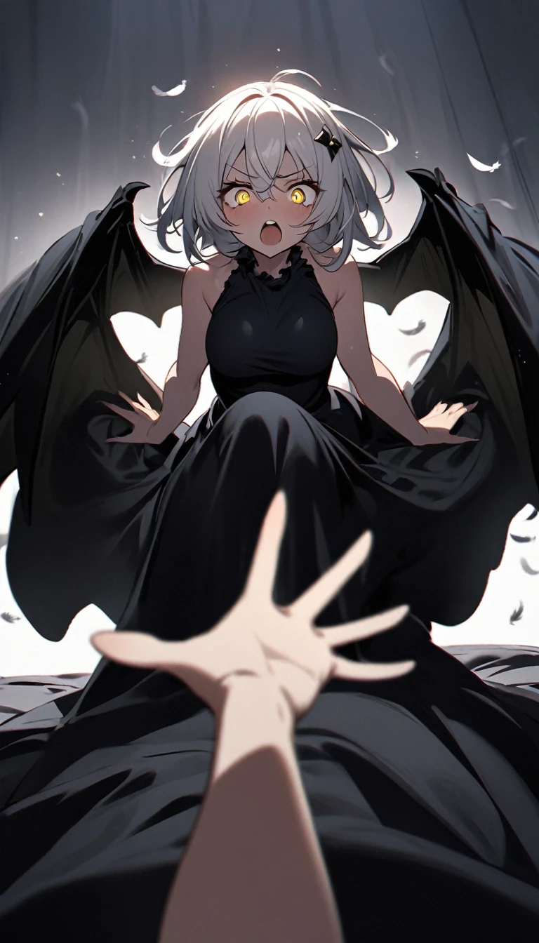 A woman, flowing white hair, melancholy eyes, yellow pupils, black diamond-shaped hairpin, tattered black dragon wings sprouting from her back, Tiny feathers are dancing, angry, arm support, arms up, incoming hug, pov, reaching, reaching towards viewer, looking at viewer, She is sitting on a super huge black silk soft duvet, Lots of on it.