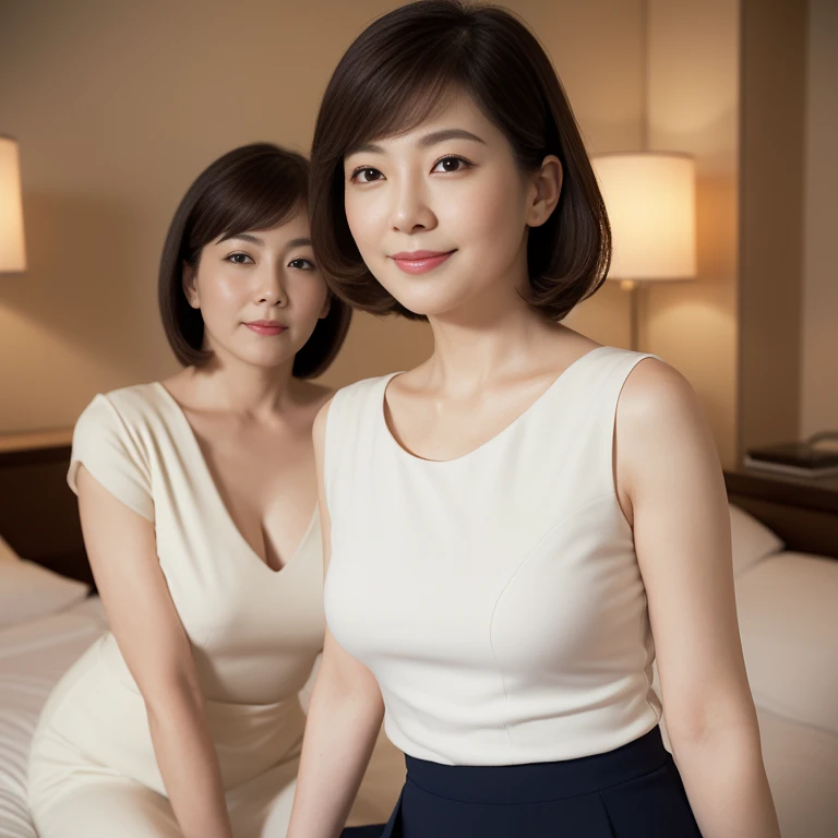 masterpiece, highest quality, High resolution, Lesbian、Photoreal, Raw photo, 8k wallpaper, perfection, professional lighting, very detailed, Depth of written boundary、 (1 45 year old Japanese mature woman:1.2)、(accurate anatomy:1.1)、(Chubby body type:1.2), women sexy, detailed face, beautiful eyes, bangs, big and full breasts, (Elegant and classy plain white top:1.1)、(Elegant and ladylike navy plain tight skirt:1.2)、Perfection makeup、long eyelashes、lipstick、straight berry short hair, faint lips, ((look at the audience, smile))、upper body photo、(Moody luxury hotel bedroom:1.1)、Romantic warm lighting at night