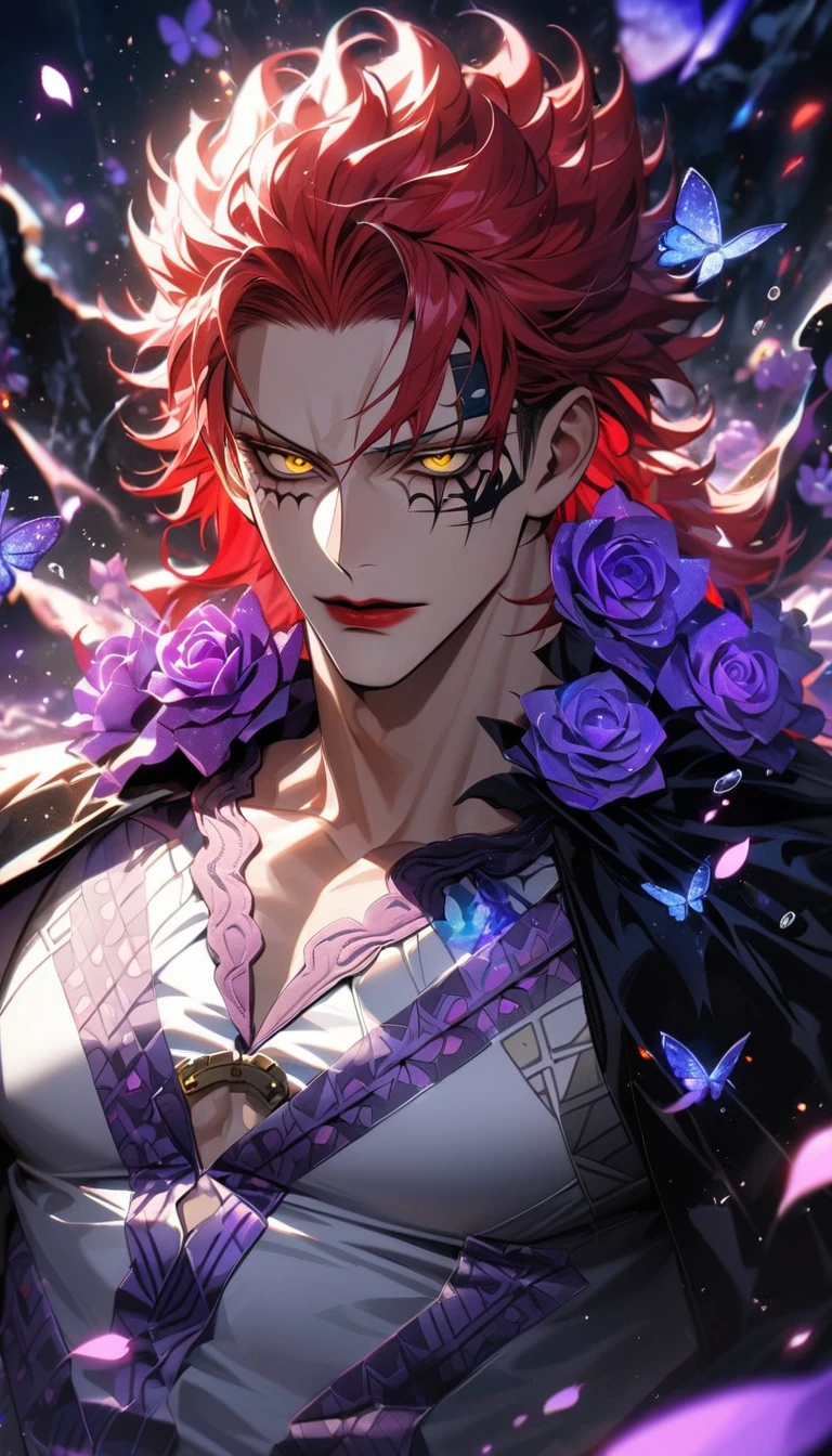 Ultra detailed, HDR, Highres, absurdres, master piece, Eustass Kid, red hair, red lips, expressive yellow eyes, black cape with patterns, One Piece, purple glittering butterflies, purple ice, petals, purple ice roses, sexy man, solo, extremely detailed face and eyes, handsome, glittering, water, white tight shirt,