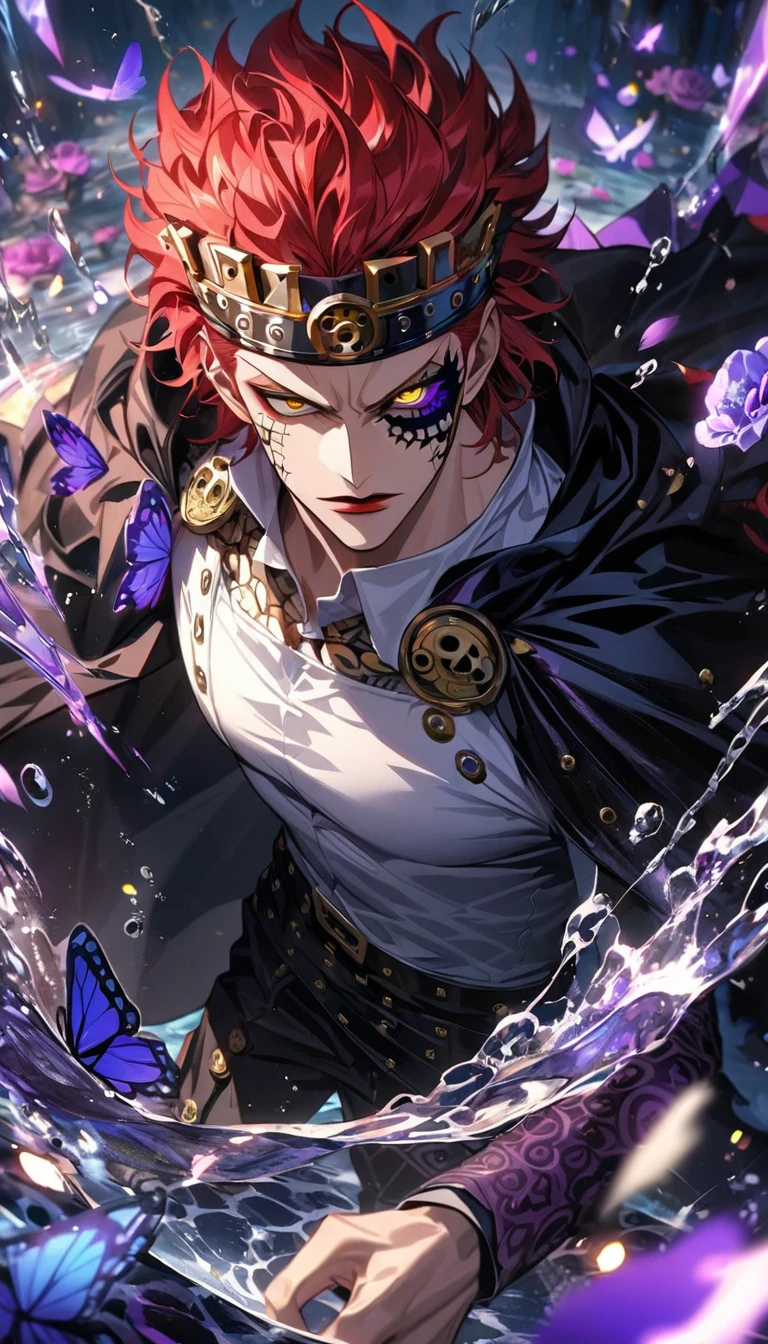 Ultra detailed, HDR, Highres, absurdres, master piece, Eustass ???, red hair, red lips, expressive yellow eyes, black cape with patterns, One Piece, purple glittering butterflies, purple ice, petals, purple ice roses, sexy man, solo, extremely detailed face and eyes, handsome, glittering, water, white tight shirt,