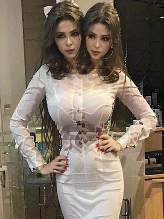 Photo, (((2heads:1, conjoined_dicephalus:1.5, two heads:1.5))), **Render**: full body, girl, (((((one person))))), feminine face, no facial hair, no body hair, cute face, detailed skin, detailed eye, Rendering in highly detailed 4K resolution, two-headed, ~25 years old, ((Silver/White Cat Ears)), (Chinese woman), (standing in the middle of a kitchen), dressed in a non-transparent ((white shirt)), ((red eyeshadow/lipstick/nails)), ((silver straight hair)), ((puckering her lips)), ((extending her arms towards the camera as if offering a warm welcome))
