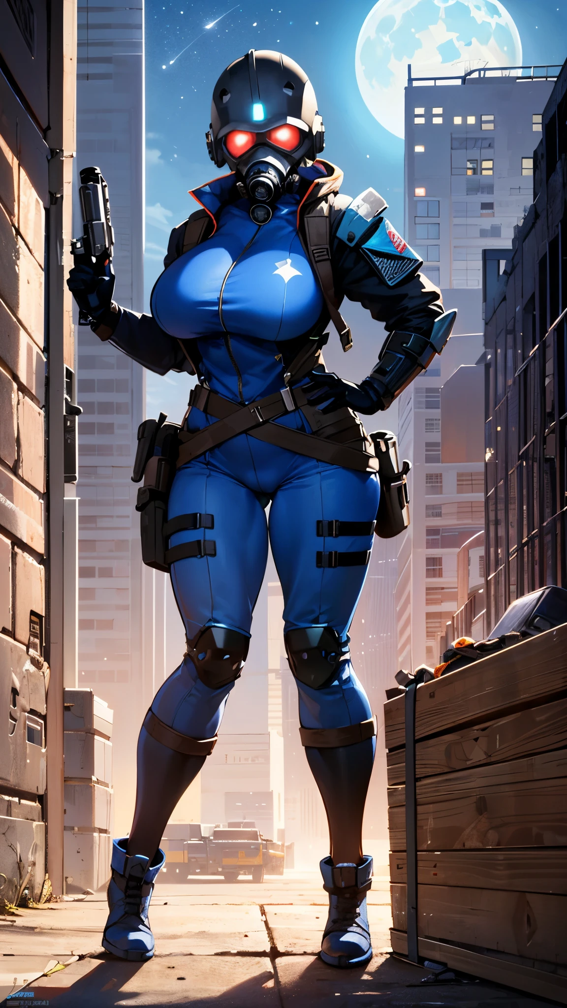 solo, 1girl, gas mask, girl wearing gas mask, bullet proof vest, body armor, combine soldier, jump suit, two tone clothes, shoulder armor, helmet, combat boots, blue urban camo, blue camo, cameltoe, science fiction, mature, mature woman, milf, large breasts, cleavage, exposed chest, wide hips, thicc, toned legs, muscular legs, curvy, armband, leg armor, military, sexy tight clothes, glowing eyes, ass, city, skyscraper, tower, military, wrench, jacket around waist, mechanic, mechanic girl, vehicle, apc, truck, humvee, waist coat, abs, athletic, sweat, night, stars, moon, (blue glowing eyes), flashlight, chest rig, holster, pistol holster, belt, submachine gun, metal crates, military crates, ammo box, laptop, laptop on table, grenade belt, backpack, radio on shoulder, hoodie down, city night, vest collar, toolbelt, screwdriver, hammer, tablet, holding weapon, holding gun, thigh gap,